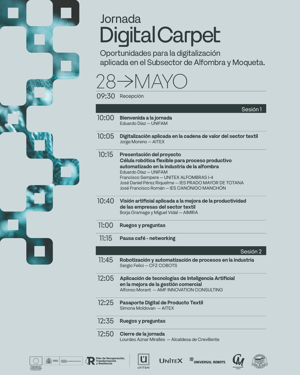 aitex_es's tweet photo. 🚀AITEX te invita a “Digital Carpet: oportunidades para la digitalización aplicada en el subsector de alfombra y moqueta”

Encuentro clave para conocer de primera mano las últimas tendencias tecnológicas en el sector

📍Crevillente
🕒09:30 h

👉Inscríbete: https://t.co/yraYZCQiNh https://t.co/c32Gs9PiqT