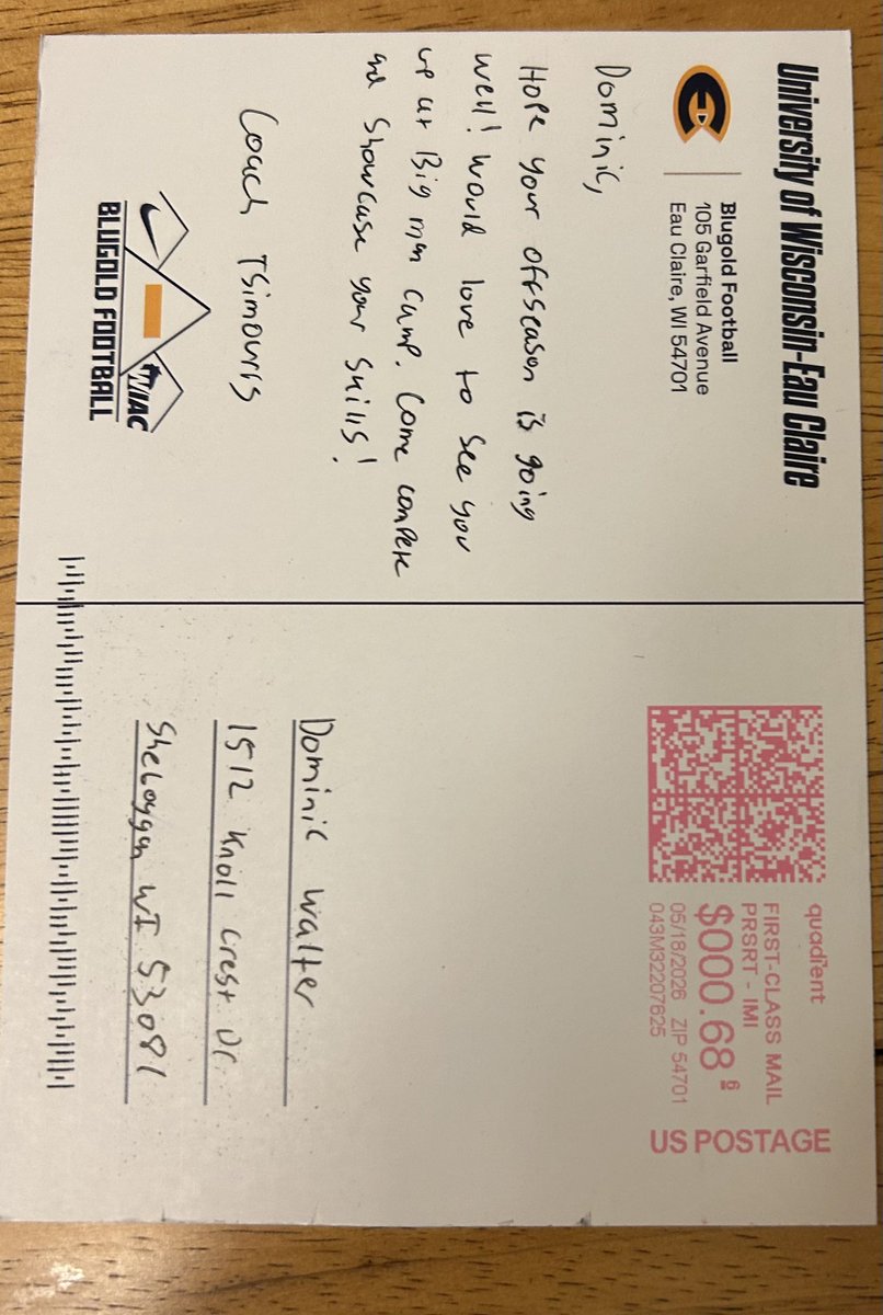 Dominicwalter87's tweet photo. Thank you @HTsimouris for the note and invite! I'm excited to be attending in a few weeks! @PrepRedzoneWI @MJ_NFLDraft @UWECFootball #AGTG https://t.co/ZaWi4omvb4