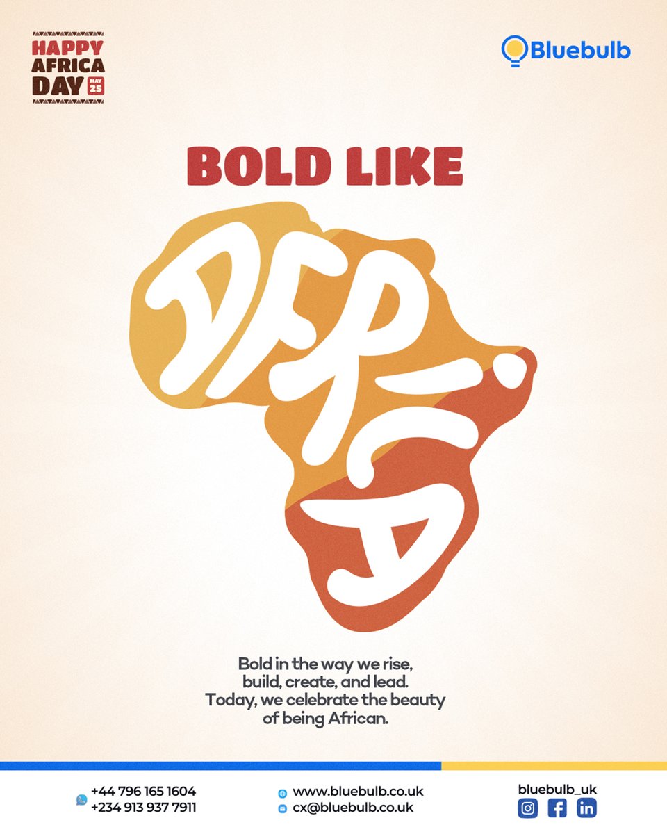 Bluebulb_UK's tweet photo. Bold in spirit, bold in ambition and bold in the way we rise, build, create, and lead. 🌍
Today, we celebrate the beauty of being African.
Happy Africa Day from Bluebulb ❤️
#AfricaDay #AfricaRising #AfricanExcellence #Bluebulb https://t.co/oJrW5Qg2QB
