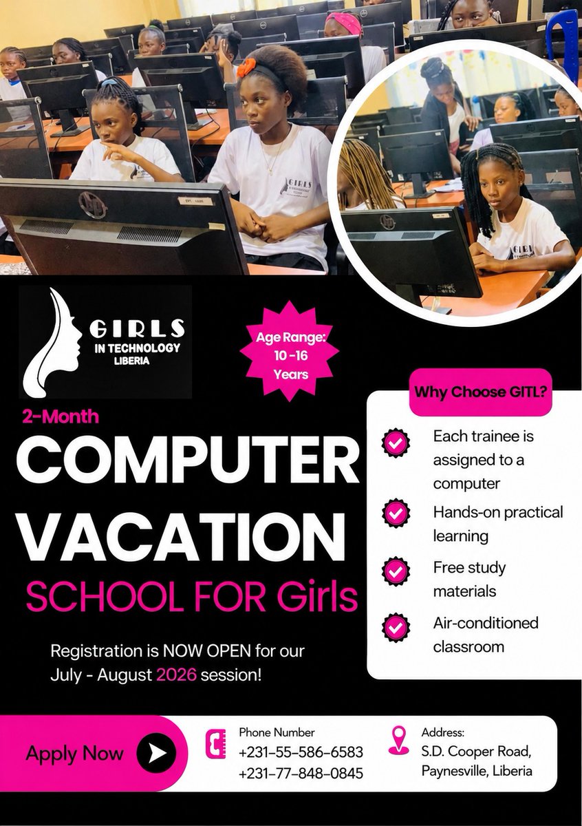 GITLib's tweet photo. 🎉 Registration is now open for the GITL 2026 Computer Vacation School! 💻👧
Girls ages 10–16 will learn basic computer skills, Microsoft Word, typing, file management, and more in a fun, hands-on environment.
📍 GITL Training Center, Paynesville
💵 Registration: US$50 (includes training + branded T-shirt)
📅 Deadline: July 3, 2026
👉 Register now: https://t.co/MYuCrUrjlJ⁠�

#GITLVacationSchool #GirlsInTech #EmpowerHer #DigitalSkills