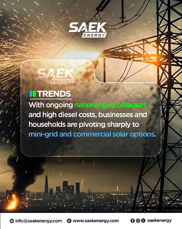 Saekenergy's tweet photo. Businesses are no longer waiting for stable power.
Smarter energy solutions are becoming the new normal 

#SAEKEnergy #SolarEnergy #MiniGrid #EnergyTransition https://t.co/uZRHFuKzpa