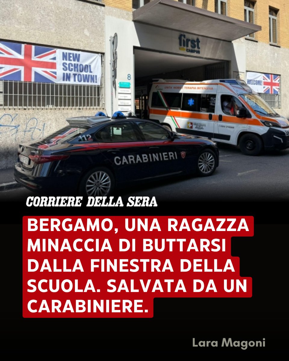 LaraMagoni's tweet photo. A Bergamo una ragazza di 19 anni è stata salvata dai Carabinieri mentre minacciava di buttarsi da una finestra della scuola.
Grazie a quel carabiniere, ai soccorritori e a chi ogni giorno interviene con coraggio e umanità.
La fragilità va ascoltata prima che diventi emergenza. https://t.co/WZLV8ZM0Pz