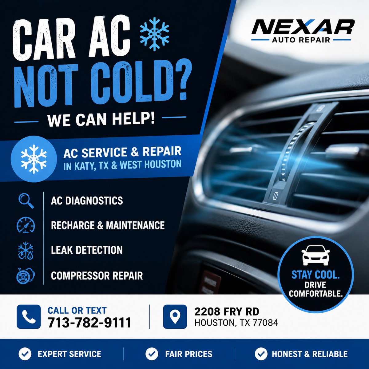 NexarAuto1's tweet photo. 🚗❄️ Car AC not blowing cold?

Nexar Auto Repair provides honest and professional AC service &amp; repair in Katy and West Houston. From diagnostics to recharge and repairs, we’ll help keep your vehicle cool and comfortable.

📍 2208 Fry Rd, Houston, TX 77084
📞 713-782-9111 https://t.co/Qw7pL6oSGa