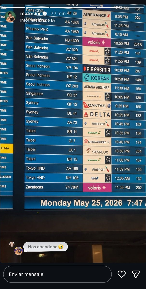 Sab1432769's tweet photo. CONFIRMADO!!!

Mafe se va de gira con los Santos Bravos y lo confirma mediante una historia en instagram. El sexteto ya se encuentra en el aeropuerto a punto de partir a su nuevo destino. https://t.co/LyO3nUOXPF
