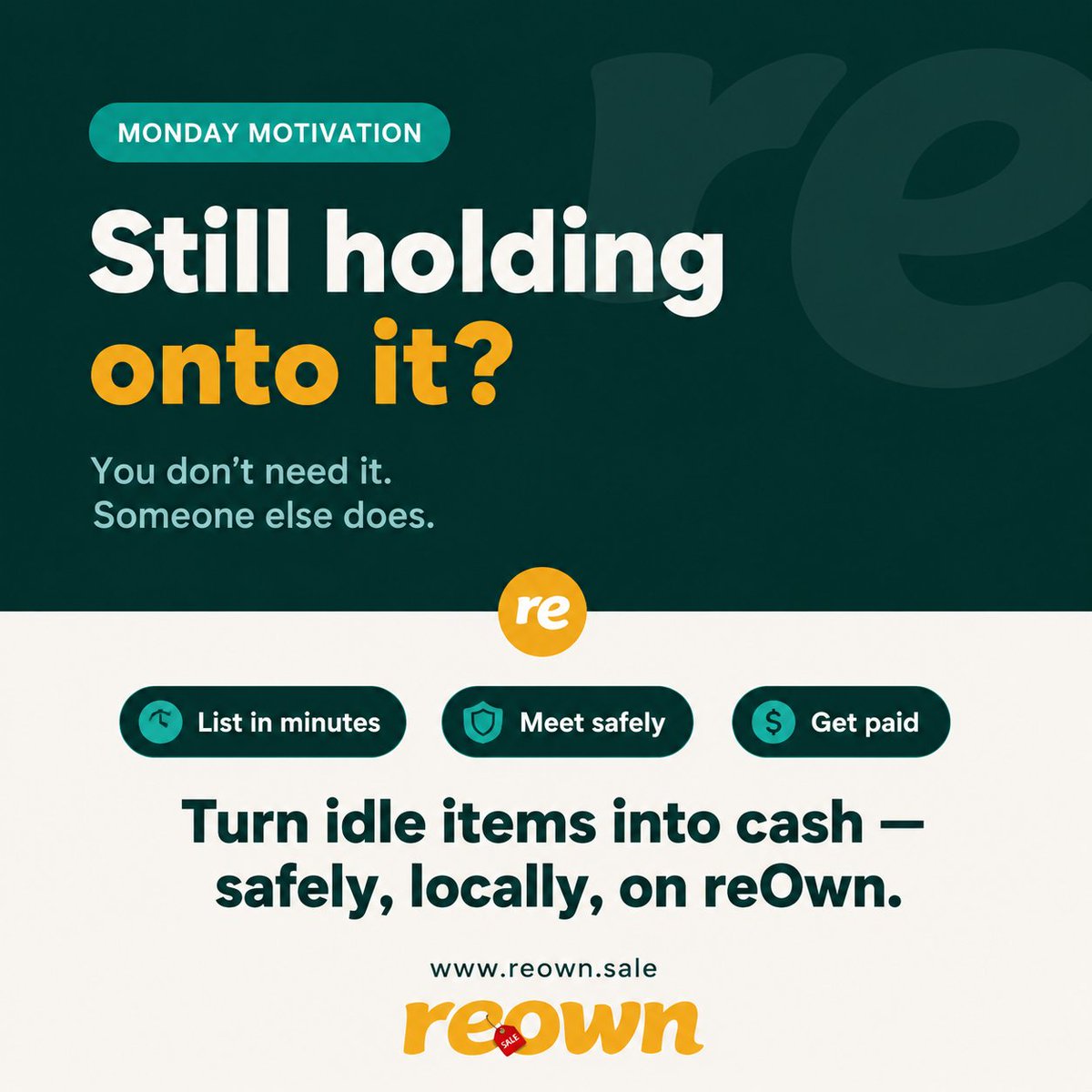Reown_Sale's tweet photo. That phone collecting dust?
That laptop you "might use someday"?

Someone nearby wants it. Verified. Safe meetup. Digital Handshake.

reOwn turns idle items into clean, trusted trades.

List yours → https://t.co/DtL9PVy3fe

#reOwn #SellYourStuff #TrustFirstw #p2pmarketplace https://t.co/8cuJo8xUHN