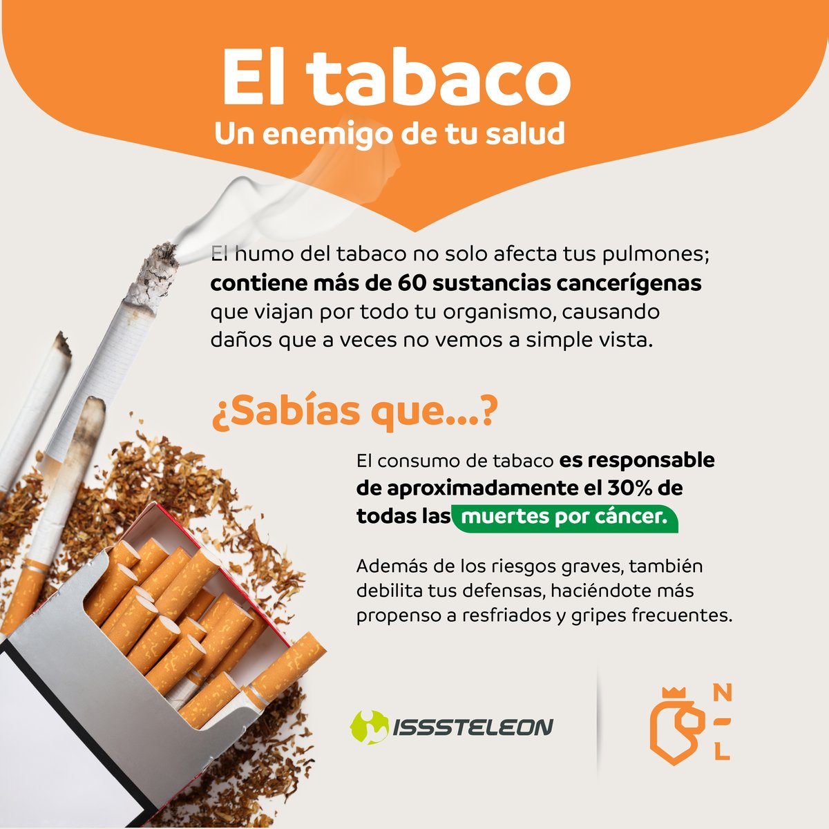 IsssteleonNL1's tweet photo. Cuidar tu salud empieza por tomar decisiones informadas; dejar el tabaco puede reducir significativamente el riesgo de cáncer y otras enfermedades.
#NoFumar #Prevención #Respira #Saludable #ISSSTELEON https://t.co/t9awwoGvaC