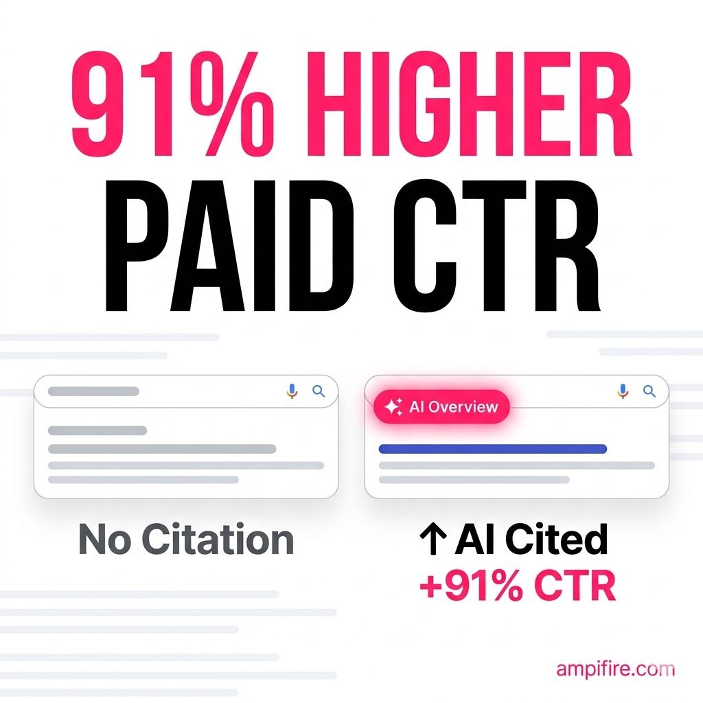 AmpiFireApp's tweet photo. Brands cited inside Google's AI Overviews get 91% higher paid CTR than competitors on the same queries.

That is a paid performance number. AI Overview citation directly lifts ad conversion rates, because buyers already trust a brand before they click the ad.

Here is what the search data actually shows:

On informational queries, organic CTR dropped from 19.7% in June 2024 to 6.3% by September 2025. AI Overviews now appear on 13% of all queries. Classic organic real estate is compressing fast.

AI agents pull citations from across the web... YouTube, blog posts, podcasts, news sites, infographics. A brand with content on one or two platforms looks thin. A brand distributed across 50+ authority platforms shows up as the consistent answer.

The structural fix: build content distribution across authority sites that feed AI Overview citations... Google News, major publishers, podcast directories, video platforms. Then measure AI Overview citation rate as a paid performance input, the same way you measure ROAS.

Brands running paid-only acquisition carry compounding single-channel risk with every algorithm shift. The ones with organic distribution running underneath their paid accounts are the ones whose numbers held through 2026.

How are you currently tracking AI citation rate against your paid performance metrics?
