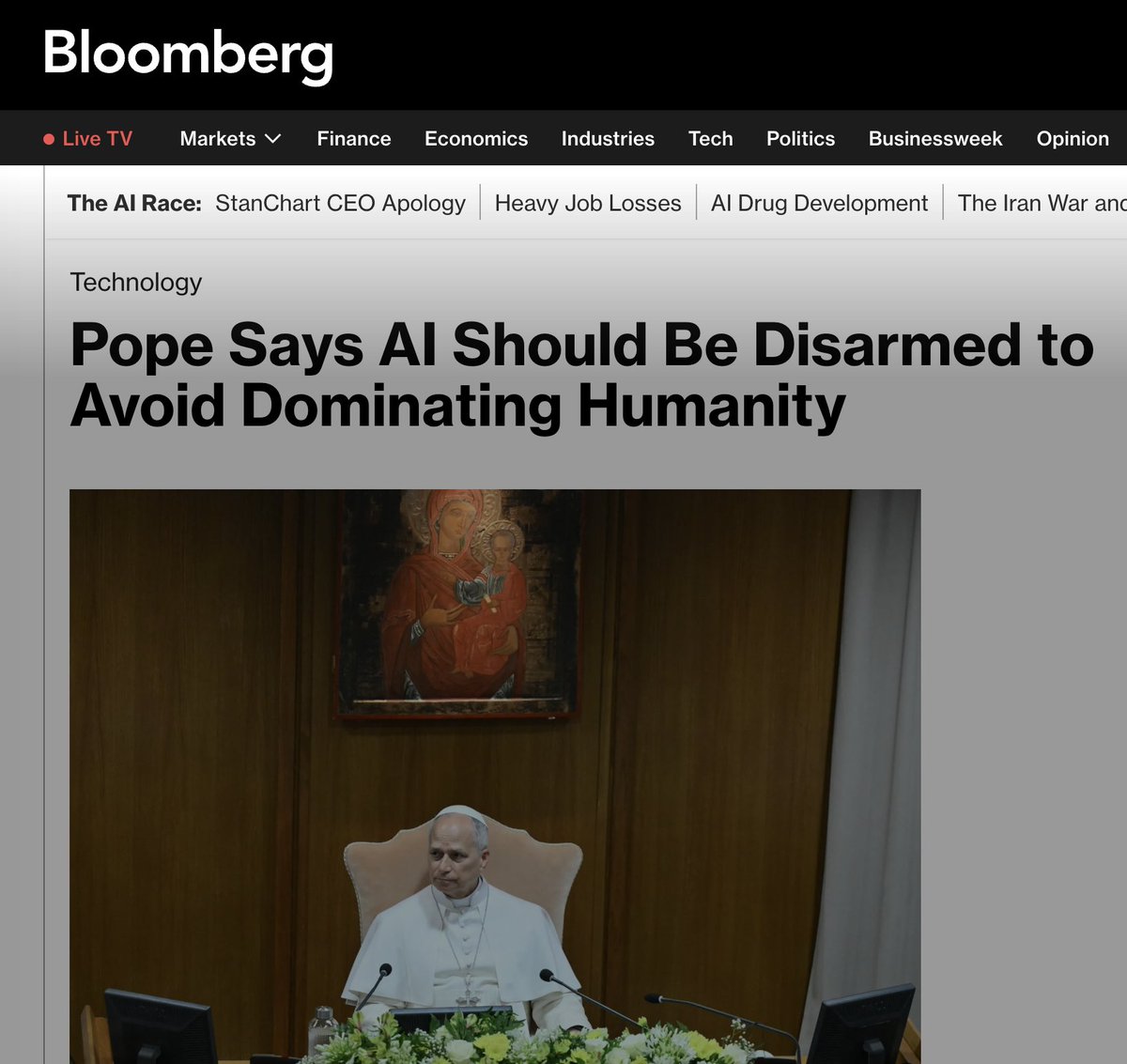 AISafetyMemes's tweet photo. The Pope issued an urgent warning to "slow down" AI before it "dominates humanity"

WHY THIS IS UNUSUAL:

>A pope only writes a few encyclicals in their entire life (papacy)

>It's a formal letter to the entire Catholic Church (1.4 BILLION people) laying out official teaching on a major issue

>Unlike a speech or interview, it becomes part of Catholic doctrine

>The Pope decided to present this next to... an AI safety researcher?! Chris Olah is one of the most respected technical AI safety researchers alive - he basically invented mechanistic interpretability ("neuroscience but for AI"). The Vatican could have put anyone there, but they picked someone from the heart of the technical safety community, which is a major endorsement

>He signed it May 15 - exactly 135 years to the day after Pope Leo XIII signed Rerum Novarum in 1891. Rerum Novarum, according to Claude, is the single most important Catholic social document ever written - it created modern Catholic social teaching and shaped labor law across the West. By picking that date, Leo is saying, basically, AI is to our era what industrial capitalism was to 1891

QUOTES:

"Artificial Intelligence now demands to be disarmed, freed from logics that turn it into an instrument of domination, exclusion and death."

"It is not permissible to entrust irreversible, lethal decisions to AI systems."

"The main drivers of development are private, often transnational, parties that are endowed with resources and the capacity to intervene that surpass those of many Governments."

"Never has humanity had such power over itself."

"It is not enough to invoke ethics in the abstract; robust legal frameworks, independent oversight, informed users and a political system that does not abdicate its responsibility are required."

"Current AI systems are more 'cultivated' than 'built,' for developers do not directly design every detail, but instead create a framework within which the intelligence 'grows.'"

"we cannot allow a handful of actors to dictate [the future of AI]"