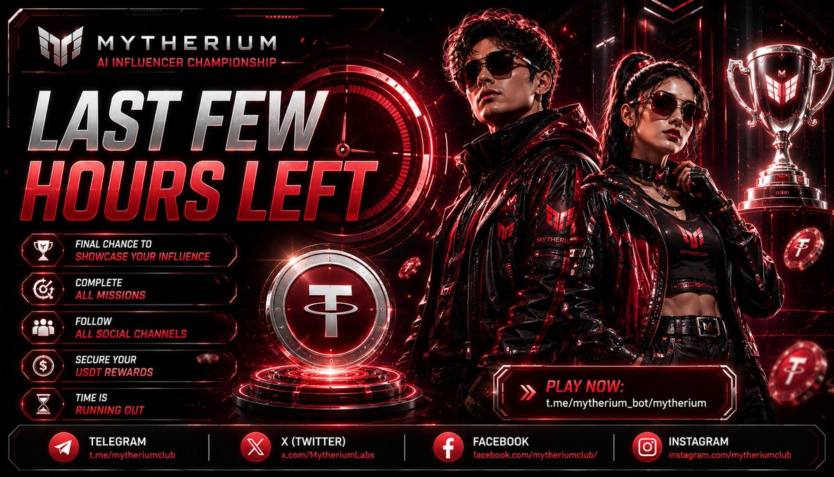 MytheriumLabs's tweet photo. 🚨 LAST FEW HOURS LEFT 🚨
The Mytherium Influencer Championship is closing soon! 🔥
✅ Follow all social channels
✅ Complete all missions
🏆 Showcase your influence
💰 Secure your USDT rewards

⏳ Final hours. Final push. Don’t miss your chance!
🎮 Play Now
 https://t.co/pnCcwVnsqQ
💬 Telegram
 https://t.co/NEJb6zIwEy
🌐 X
 https://t.co/ffWMa8Q2Dc

📘 Facebook
 https://t.co/4NP7mSXbFM

📸 Instagram
 https://t.co/M2PFy9p5lX
#Mytherium #InfluencerChampionship #AIGaming #GameFi #Web3Gaming #CryptoGaming