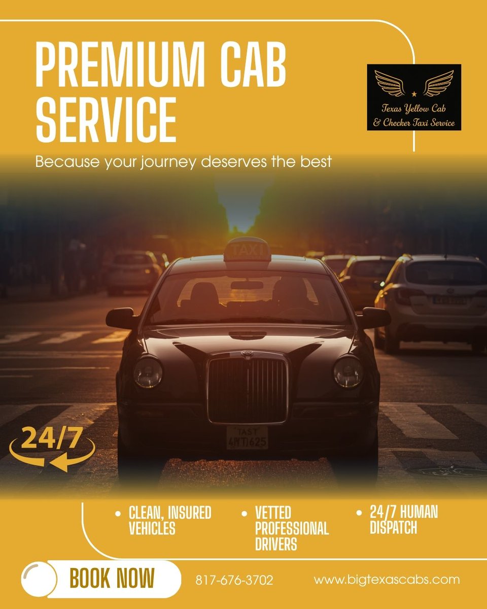 Texasyellowcabs's tweet photo. Stop settling for rideshare roulette. 🚕🎯

Experience a Premium Cab Service built on 25 years of local trust. Clean cars, vetted pros, and 24/7 human dispatch to keep your schedule flawless.

📞 817-676-3702 🌐 https://t.co/KRHsCvg6Gz
#StreetSmarts #TexasCab #premiumcab #taxi https://t.co/z8shhiF9Rs