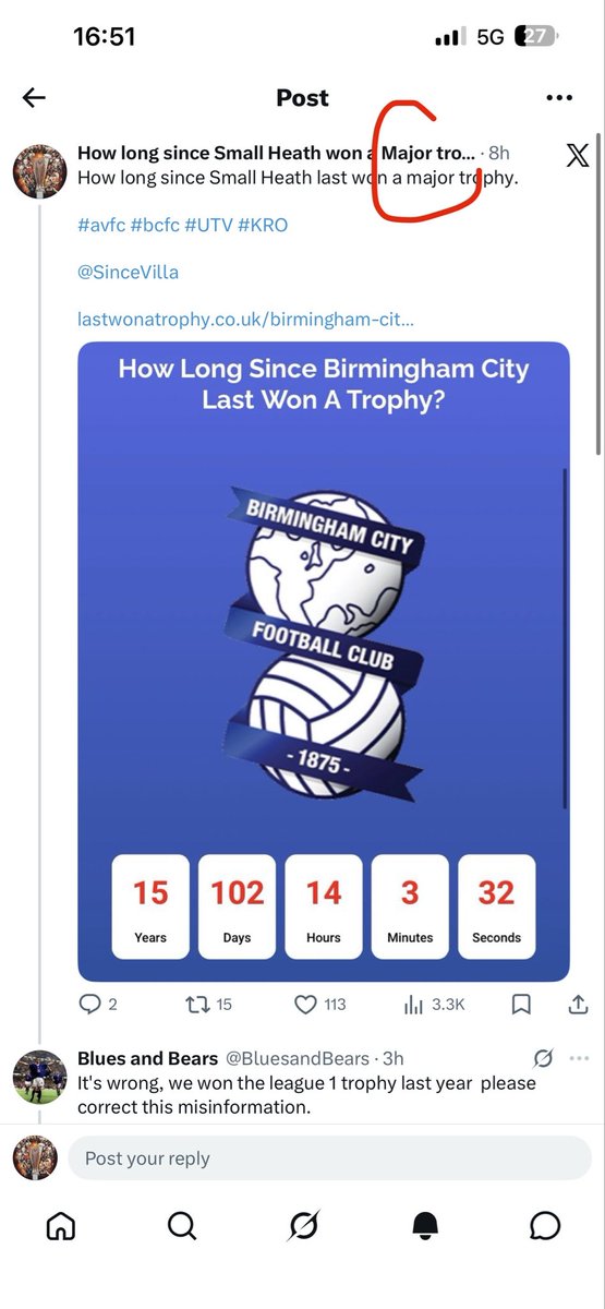 How long since Small Heath won a Major trophy? tweet media