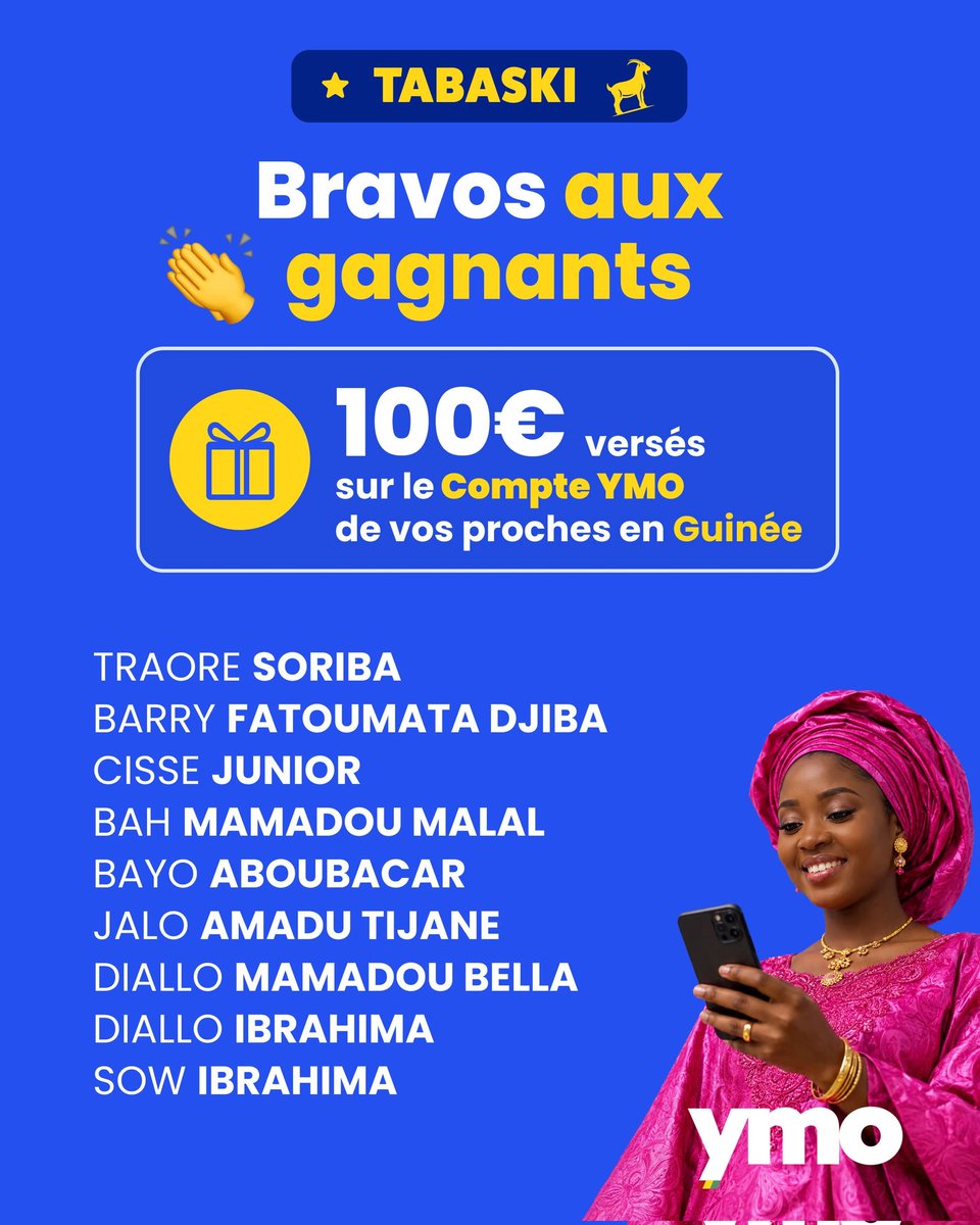 YmoGuinee's tweet photo. Encore des gagnants avec YMO 🎉

100€ seront versés directement sur le Compte YMO de leurs proches en Guinée pour préparer la Tabaski 🇬🇳❤️

Félicitations aux gagnants 👏🏾

Pour découvrir la liste complète, rends-toi sur notre chaîne WhatsApp officielle en story 💚 https://t.co/haiofrVZXo