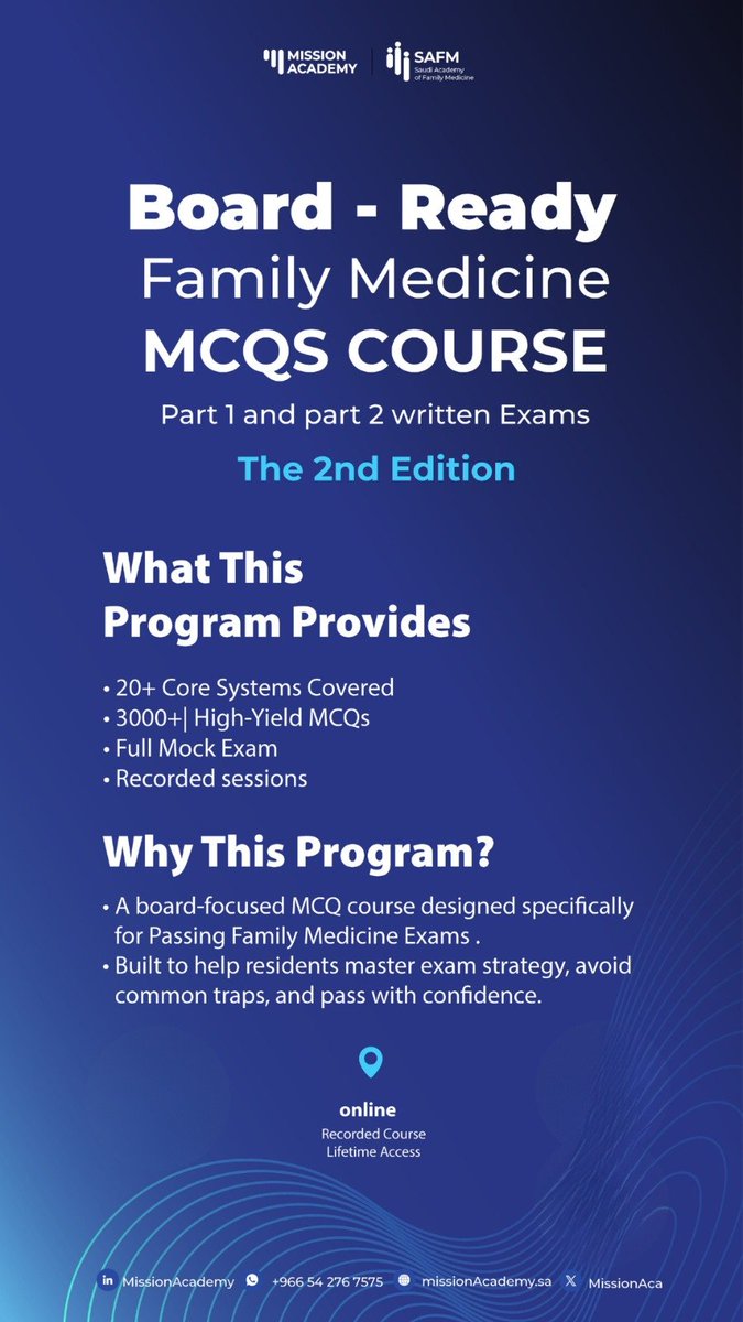 MissionAca's tweet photo. اختبارك قريب؟ 
وقف تضيع وقتك بين المصادر.

احصل الآن على:
🔥 تسجيلات دورة Family Medicine MCQs
🔥 + بنك أسئلة يحتوي على 3000+ سؤال
🔥 + Full Mock Exams

كل المحتوى صار متوفر أونلاين بسعر استثنائي لفترة محدودة.

✔️ الدورة انتهت لكن التسجيلات متاحة
✔️ وصول لتسجيلات في أي وقت 
✔️ متاح أيضًا الاشتراك في بنك الأسئلة فقط

ابدأ مذاكرتك بطريقة أذكى 🎯
للتسجيل:
https://t.co/RczPyng3Aw

لتسجيل في بنك الأسالة:
https://t.co/AcdMKBqLC2

#طب_الأسرة #البورد_السعودي #MCQs #طب_الأسرة_السعودي