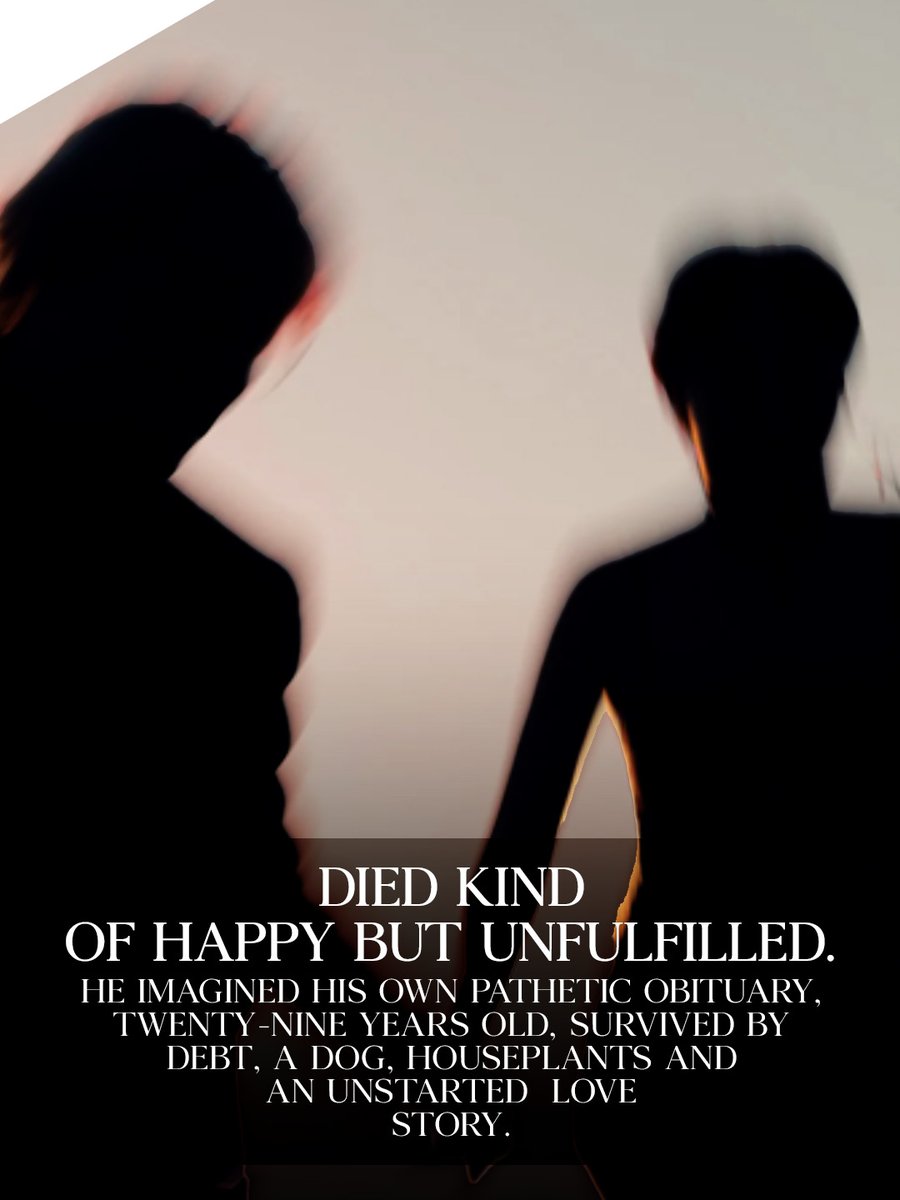 complexitydb's tweet photo. Is this me right before I die?
Cause of death: unknown.
Legacy: debt and houseplants.

Rafi's pathetic, imagined obituary, "Died Kind of Happy But Unfulfilled" is interrupted by the memory of Pina, the one connection that makes dying alone unbearable.

#writerslift #monday #may https://t.co/rubCn3jWA1