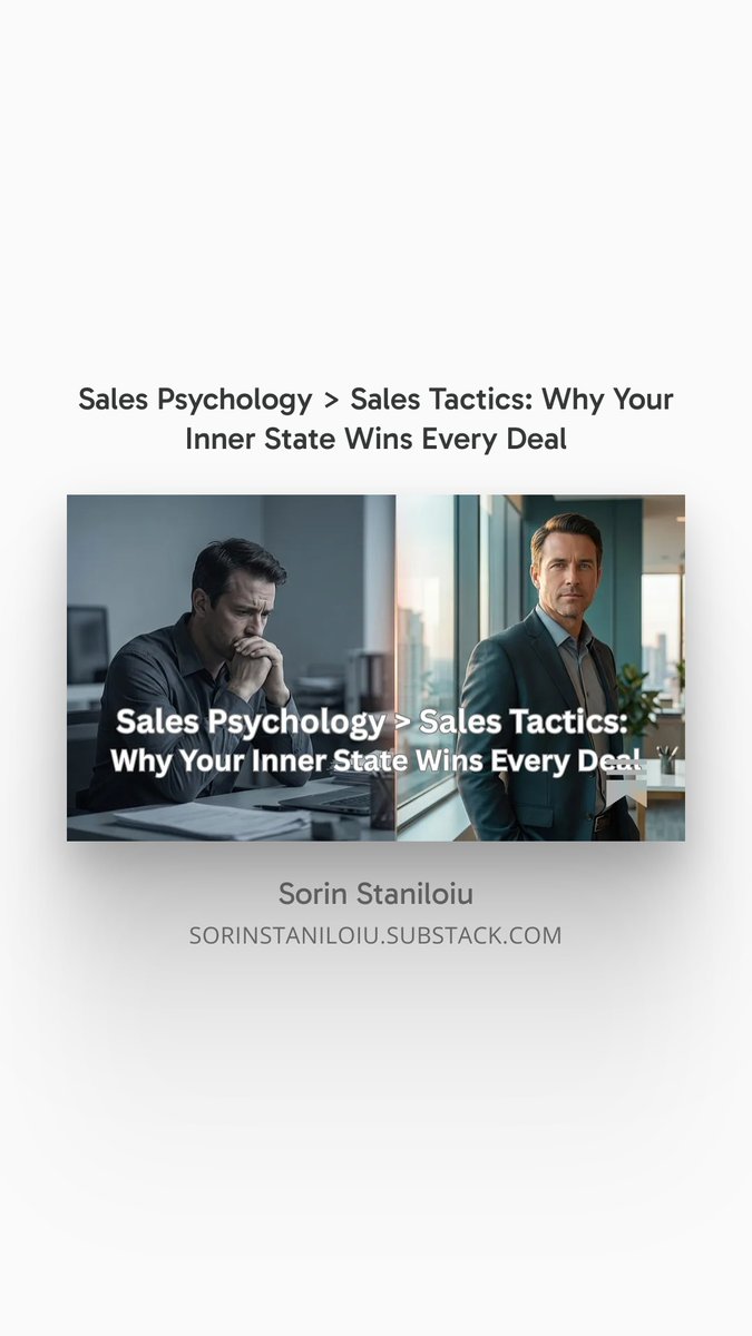 SORINEXUS's tweet photo. Sales Psychology > Sales Tactics: Why Your Inner State Wins Every Deal 

Read my article here:👇 
https://t.co/2hosI0Yxff 

Most sales advice focuses on what to do.
Top performers focus on how they show up.
Same skills.
Same strategy.
Different inner state → different results. https://t.co/qz1poUXnzG