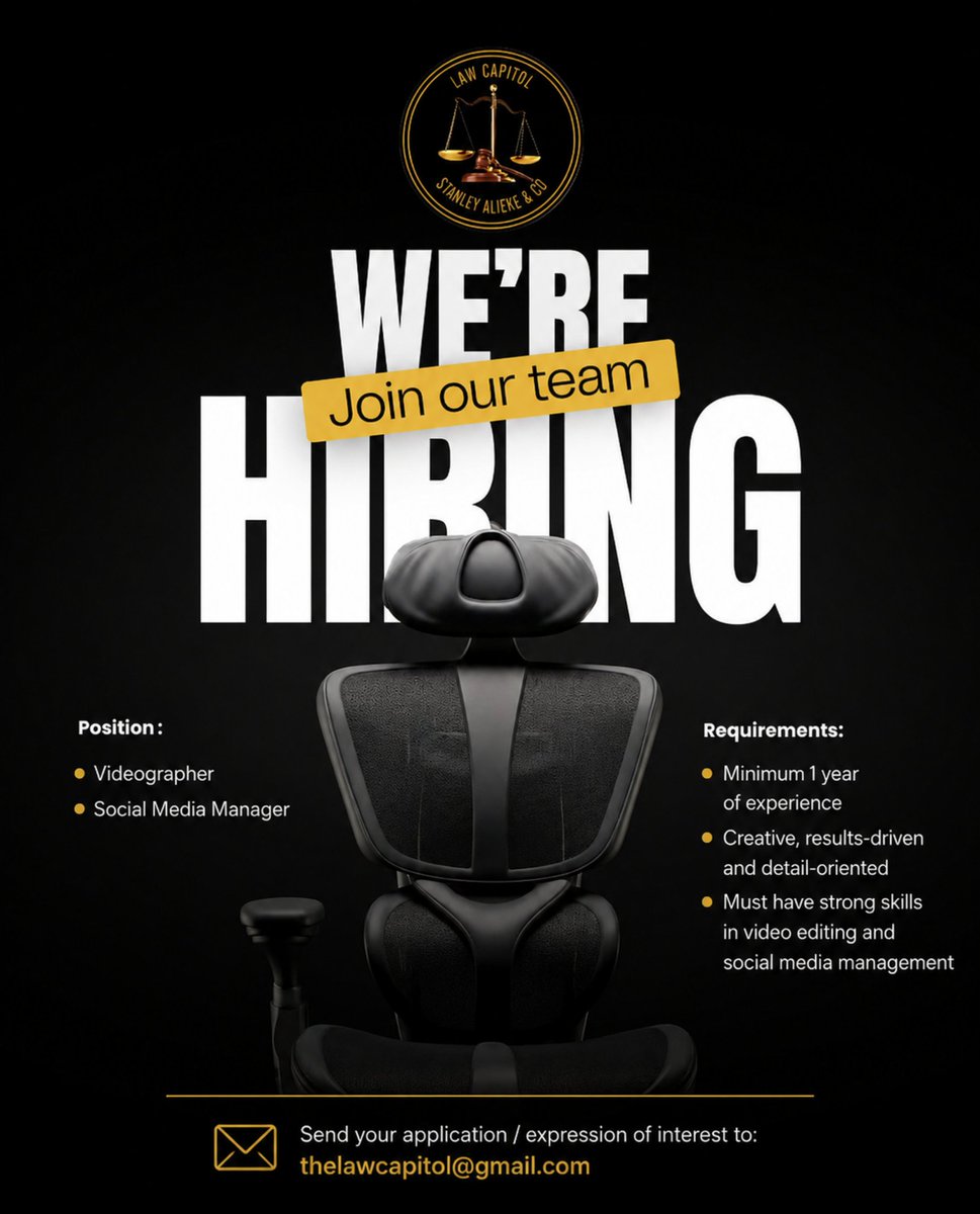 StanAlieke's tweet photo. We have openings in our Abuja office for Legal Associates, Videographer, and a Social Media Manager.
Apply to join our team. Congratulations in advance. https://t.co/K9r1V3cFNw