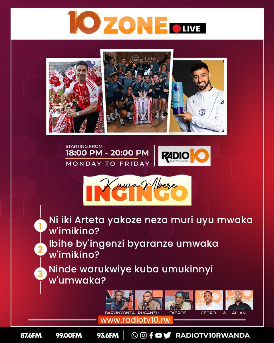 Radiotv10rwanda's tweet photo. #10Zone 

•Ni iki Arteta yakoze neza muri uyu mwaka w'imikino?

•Ibihe by'ingenzi byaranze umwaka w'imikino? 

•Ninde warukwiye kuba umukinnyi w'umwaka? https://t.co/3Emt8T0d5g