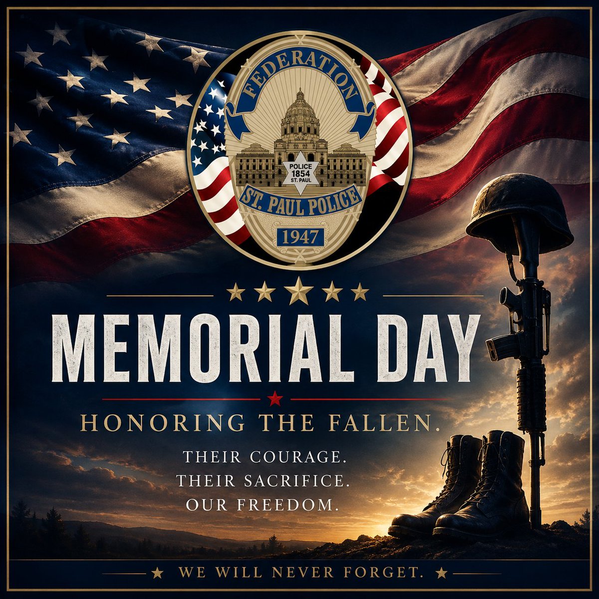 SPPDFederation's tweet photo. Today, we honor the heroes who made the ultimate sacrifice for our country and our freedom.

The St. Paul Police Federation will never forget the courage, service, and sacrifice of the fallen. We stand in gratitude beside the families, friends, and brothers and sisters who carry their legacy forward every day. 

Freedom is never free.

#SPPF #StPaulPoliceFederation #MemorialDay #HonorTheFallen #NeverForget #BackTheBlue #PublicSafety #StPaulMN #ThinBlueLine