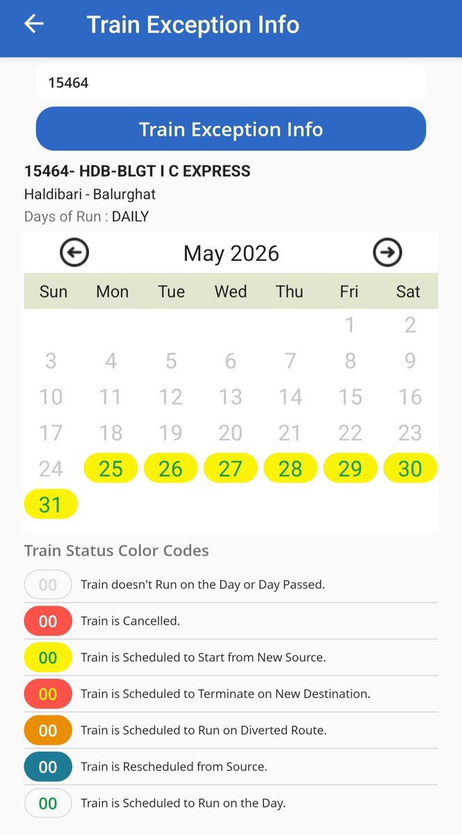 SUDIPTA199711's tweet photo. @RailNf @RailwaySeva @drm_kir @JayantaRoyJPG Sir, Previously 15467/68 Bamanhat-Haldibari &amp; 15463/64 Balurghat-Haldibari Intercity is Cancelled Upto 24th May, Now Cancellation Extended Upto 31st May, What Type Of Joke is Going Here? Although Both Trains Are Running Upto Siliguri. https://t.co/DRy6TtDKsS