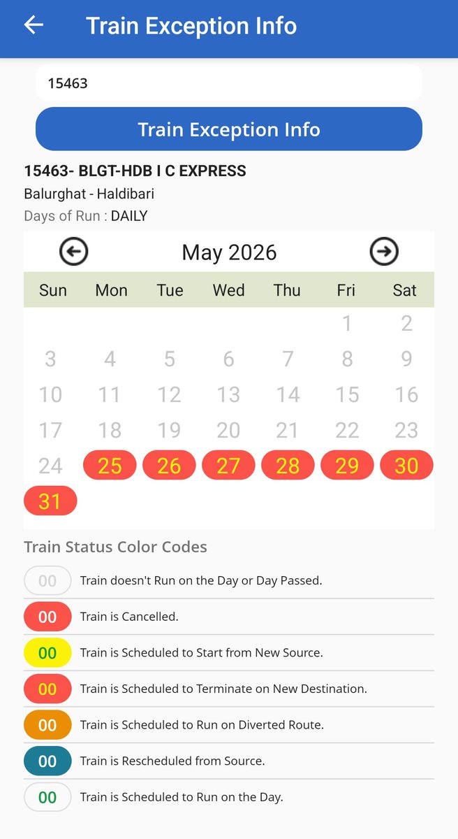 SUDIPTA199711's tweet photo. @RailNf @RailwaySeva @drm_kir @JayantaRoyJPG Sir, Previously 15467/68 Bamanhat-Haldibari &amp; 15463/64 Balurghat-Haldibari Intercity is Cancelled Upto 24th May, Now Cancellation Extended Upto 31st May, What Type Of Joke is Going Here? Although Both Trains Are Running Upto Siliguri. https://t.co/DRy6TtDKsS