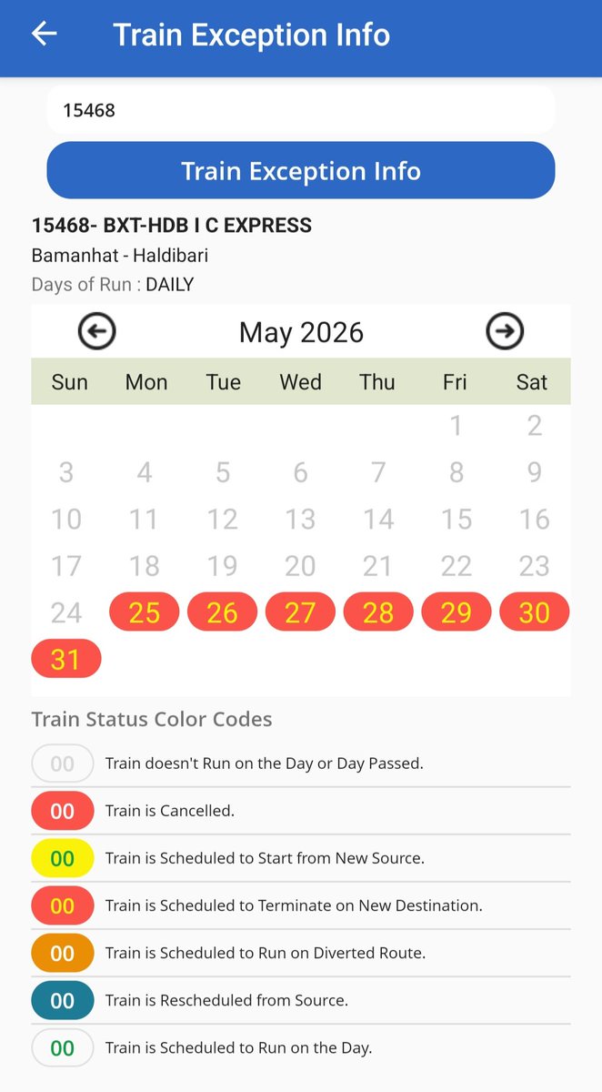 SUDIPTA199711's tweet photo. @RailNf @RailwaySeva @drm_kir @JayantaRoyJPG Sir, Previously 15467/68 Bamanhat-Haldibari &amp; 15463/64 Balurghat-Haldibari Intercity is Cancelled Upto 24th May, Now Cancellation Extended Upto 31st May, What Type Of Joke is Going Here? Although Both Trains Are Running Upto Siliguri. https://t.co/DRy6TtDKsS