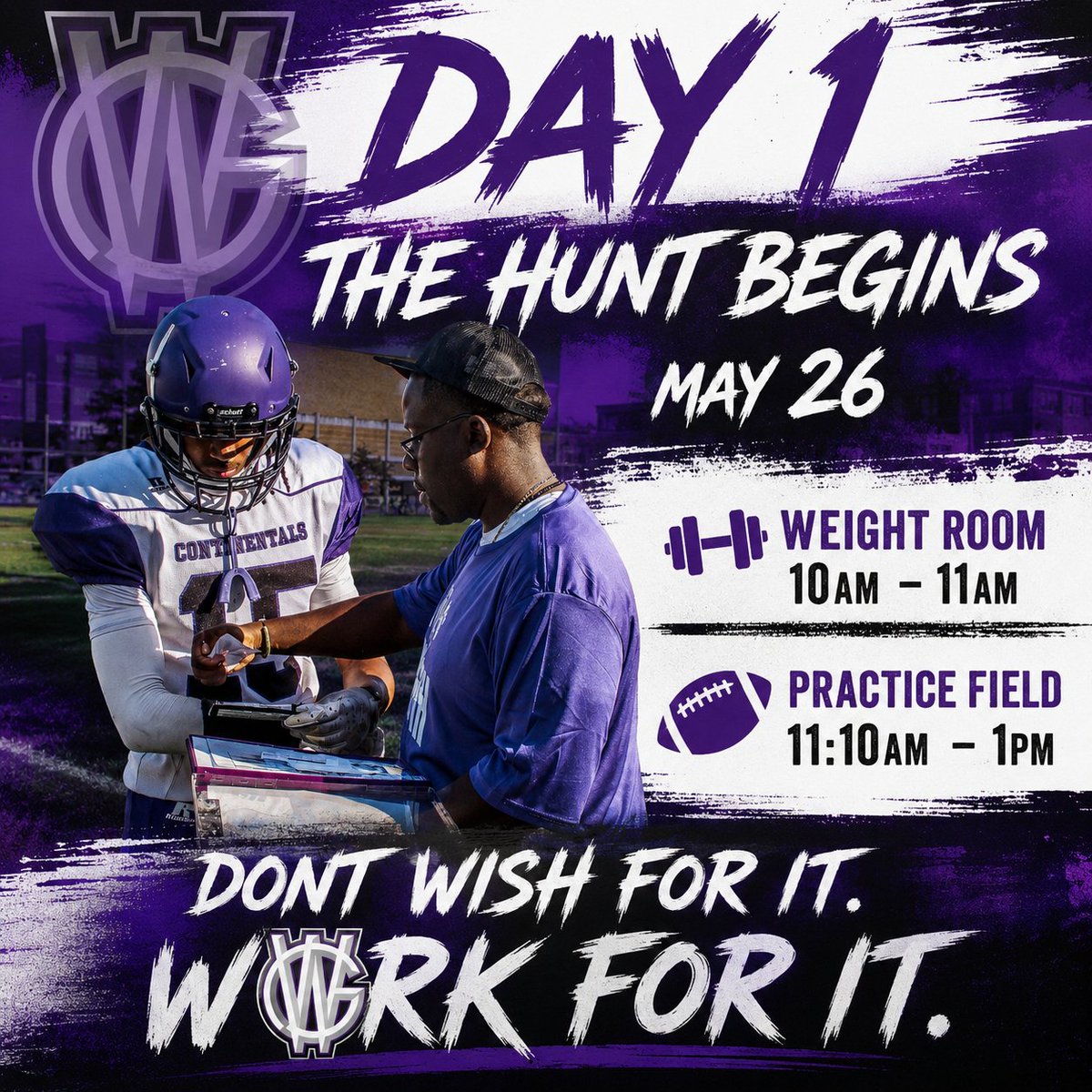 Continentals_FB's tweet photo. The HUNT starts tomorrow...MAY 26 10am.  We START at 10am, dressed and in dynamic line! 

BRING

●  WORK ETHIC
●  HUNGER
●  CONTROLLED AGGRESSION
●  FOCUS
●  GYM SHOES
●  FOOTBALL SHOES https://t.co/Z43YUyMGlV