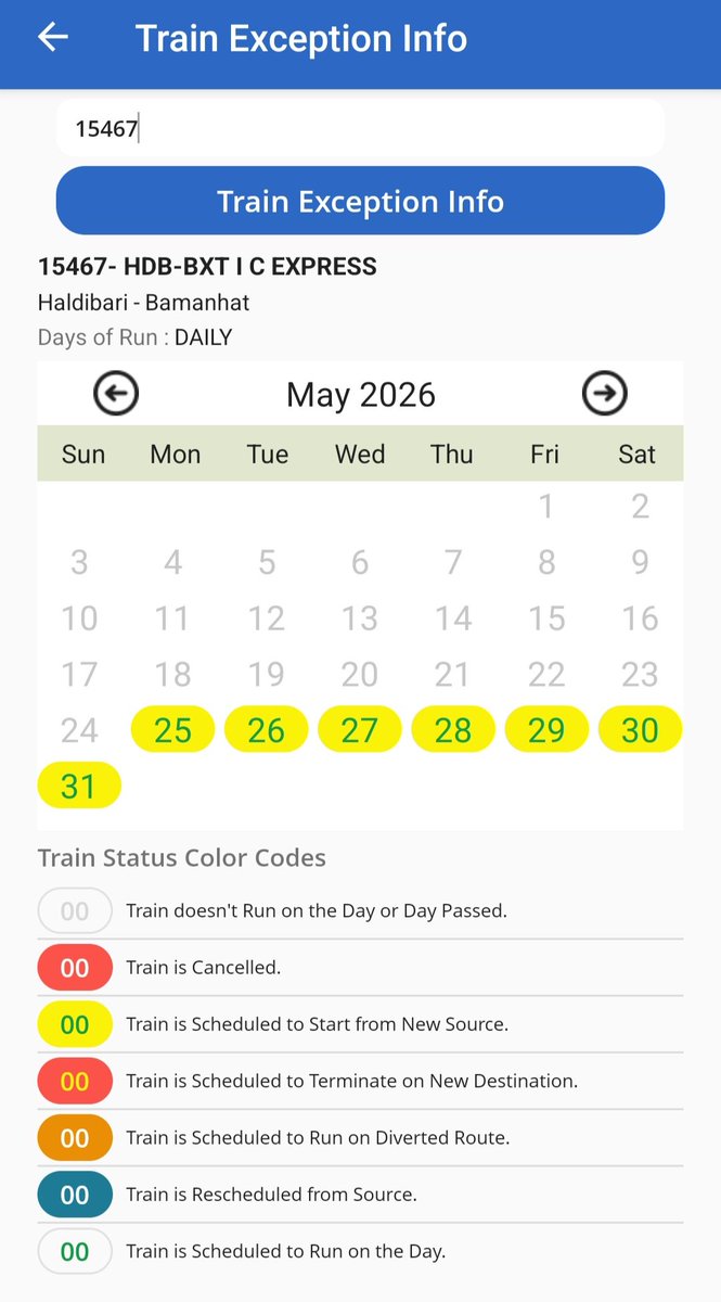 SUDIPTA199711's tweet photo. @RailNf @RailwaySeva @drm_kir @JayantaRoyJPG Sir, Previously 15467/68 Bamanhat-Haldibari &amp; 15463/64 Balurghat-Haldibari Intercity is Cancelled Upto 24th May, Now Cancellation Extended Upto 31st May, What Type Of Joke is Going Here? Although Both Trains Are Running Upto Siliguri. https://t.co/DRy6TtDKsS