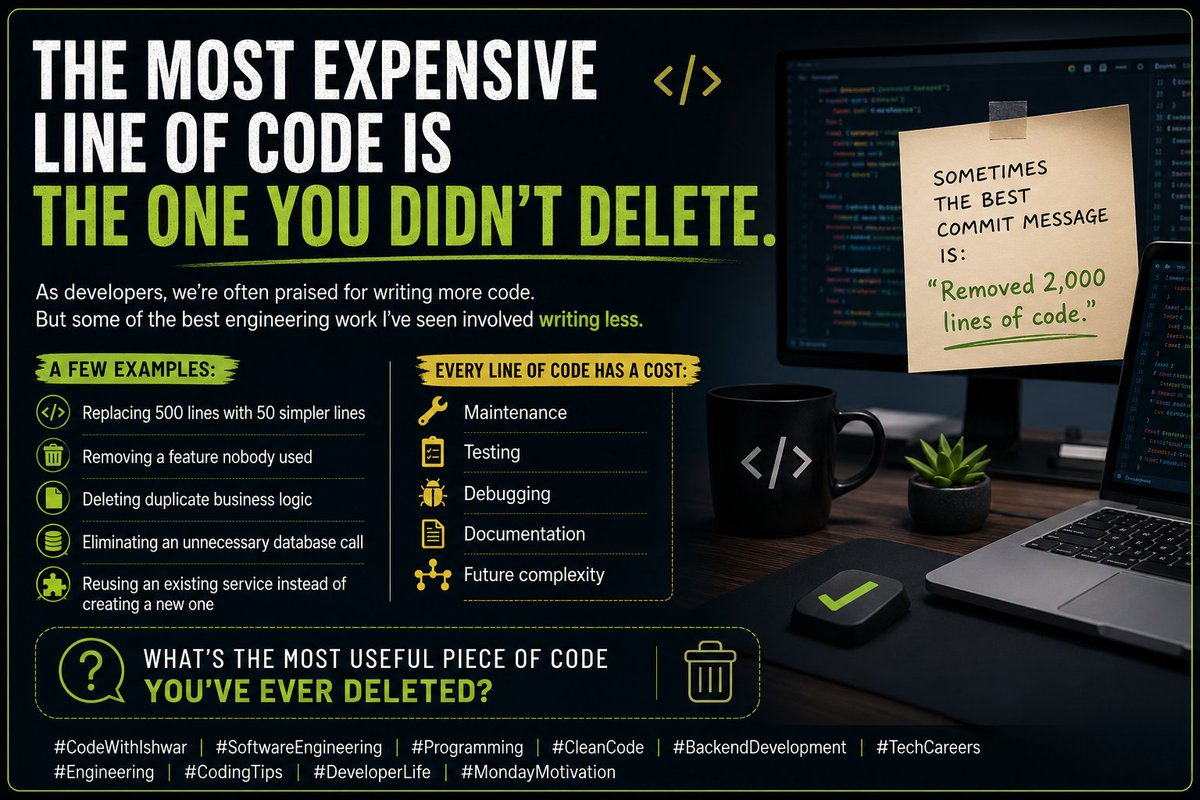 codewithishwar's tweet photo. The best code:

Doesn't exist.

No bugs.
No maintenance.
No documentation.
No complexity.
Sometimes the most valuable commit is:
"Removed 2,000 lines of code."
#CodeWithIshwar #SoftwareEngineering 🚀 https://t.co/vBzbIyJePL