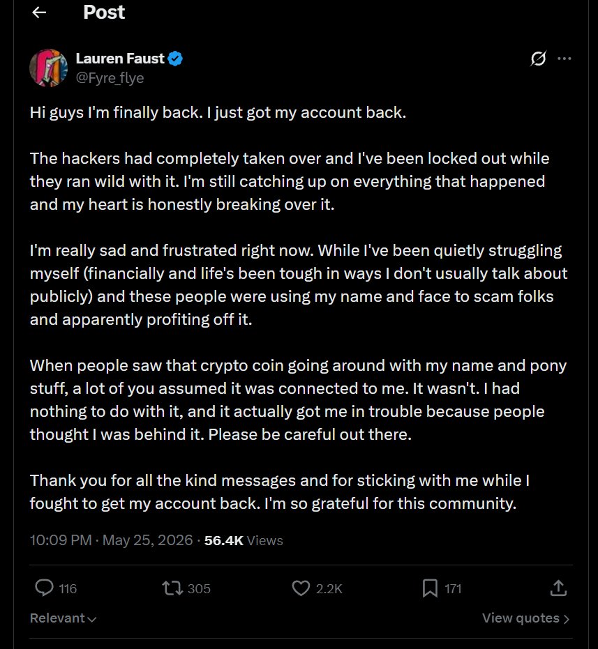 CrazyMLPMoments's tweet photo. Here's the post "from Lauren" for posterity's sake. Next time they use it again, remember to loudly let everyone know in the replies it's not LF so the "value" of the shitcoin they are pumping tanks sooner and they lose more money. https://t.co/O8G4o5IRYy
