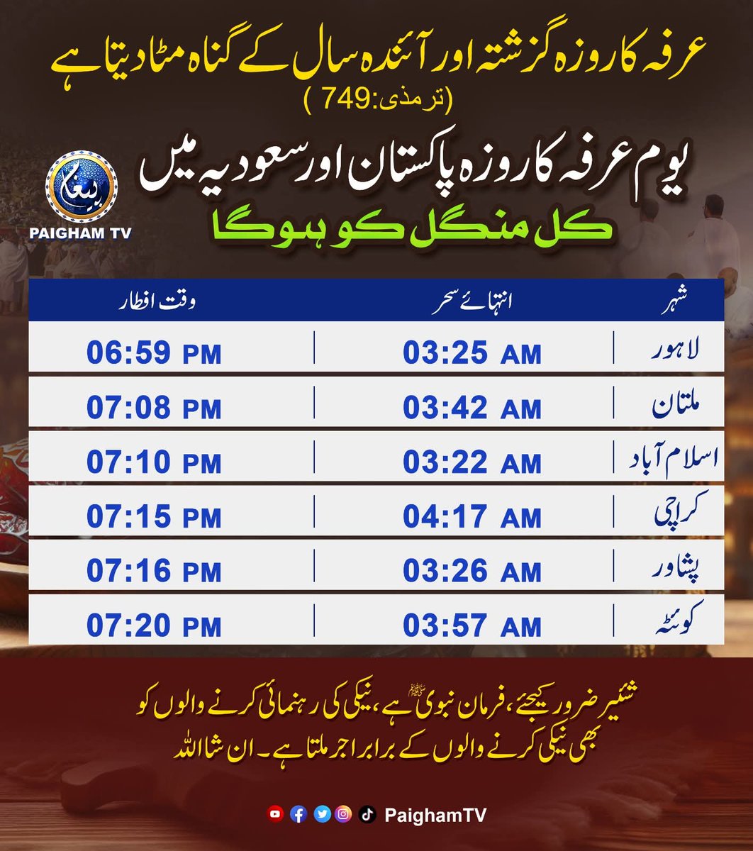 HilalA45984's tweet photo. Time about
#Aftar
#Sehri
For tomorrow arafah fast https://t.co/0TCRzxmn8e