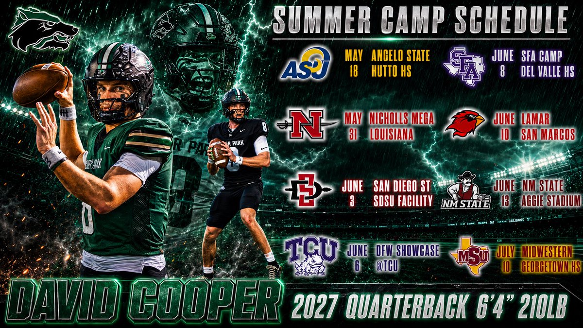 davidcooper2027's tweet photo. Camp season has started!! Here is my camp schedule for this summer! Can’t wait to go out and compete!! #OneStandard #WIN 

@CoachQCPProud @coach_wright13 @CoachPedraza60 @AllenMarrow @_CoachPerez @QBHitList @iam_alinedouard @JScruggsOTF @samspiegs @MikeRoach247 @GPowersScout @PrepRedzoneTX @var_austin