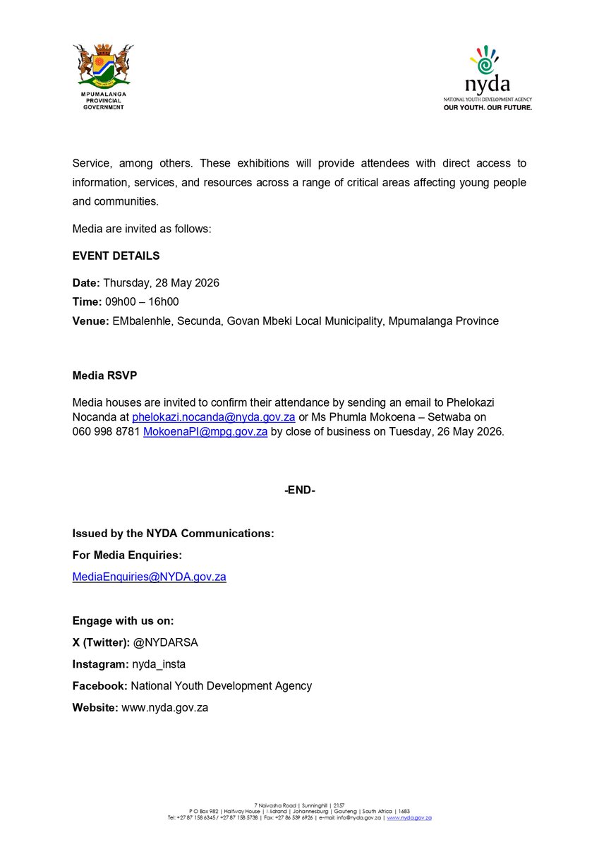 NYDARSA's tweet photo. {MEDIA ADVISORY} The NYDA is proud to launch #PhandaThursday a national weekly youth access and opportunity initiative aimed at bringing services, opportunities, and support directly to communities across South Africa.
Young people can expect:
• Career guidance & CV support
• Entrepreneurship & business development services
• Funding & skills development opportunities
• On-site government services & application support
Date: Thursday, 28 May 2026
Venue: Sasol Club, eMbalenhle, Secunda, Govan Mbeki Municipality, Mpumalanga
Time: 09h00 – 16h00
Together, creating pathways for youth empowerment, employment, and economic participation.
For Media Enquiries:
Phelokazi Nocanda
Email: phelokazi.nocanda@nyda.gov.za
Phumla Mokoena-Setwaba
Cell: 060 998 8781
Email: MokoenaPI@mpg.gov.za
#MediaAdvisory #PhandaThursday #NYDA #YouthDevelopment #YouthEmpowerment #JobsForYouth #SkillsDevelopment #Entrepreneurship #EconomicOpportunities #Mpumalanga #YouthInAction #YouthOpportunities #FutureReadyYouth