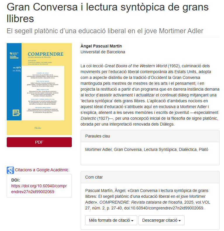 Comprendre_RCF's tweet photo. Gran article de @ngel_pascual sobre la petjada platònica en el pensament de Mortimer Adler al voltant dels 📖grans llibres.
Disponible en obert (vol. 27/2, 2025): 👉https://t.co/q6mSss4gzo

#Gransllibres #Adler #Plató https://t.co/Mfoka3EcdC