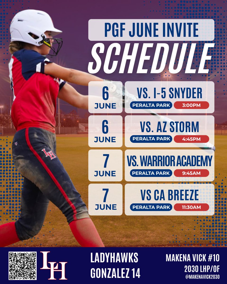 MakenaVick2030's tweet photo. 🚨SCHEDULE POSTED!🚨

PGF June Premier Invitational Games at Peralta Park! Bracket Play starts Sunday night! 💪

Yeah Hawks! 🥎

@ladyhawksgold @pgfnetwork #yeahhawks #playpgf #classof2030 #2030pitcher @LadyhawksOR https://t.co/gxr5VYU6RS