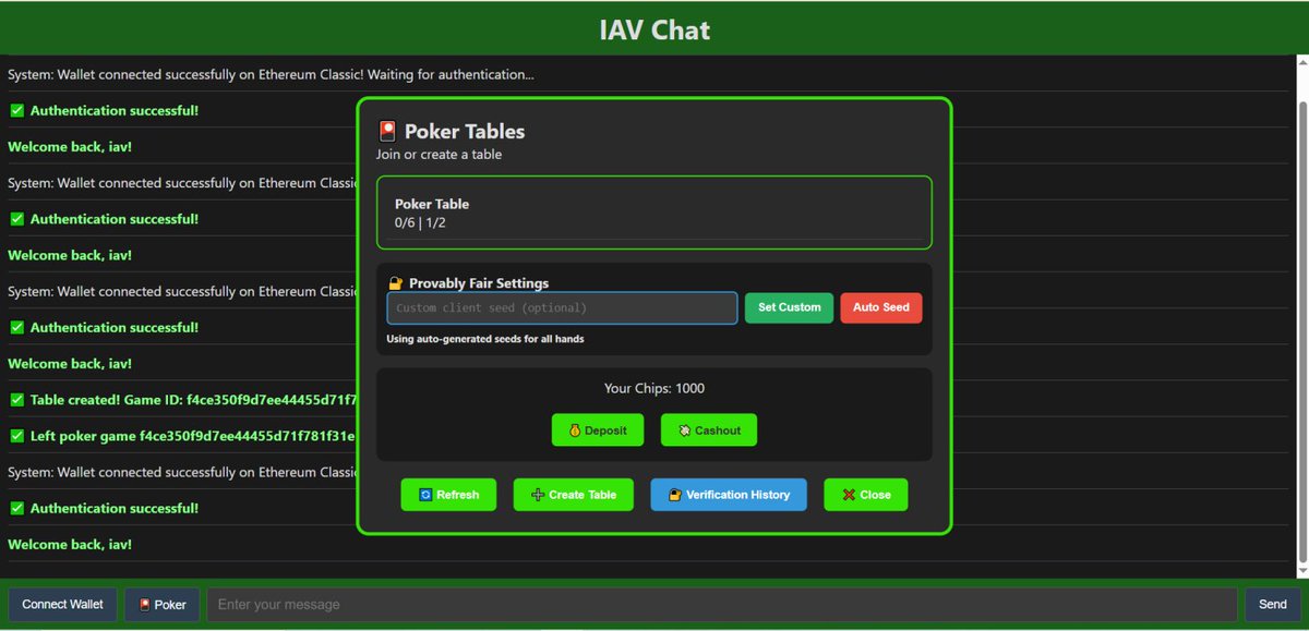 ArgentumVeritas's tweet photo. how y'all like dark mode UI ?
https://t.co/t2SZZCvqFG
can swap between light/dark modes with !darkmode cmd
web3 poker game on Ethereum Classic.
#IAV #ETC https://t.co/T2dAsUBXHD