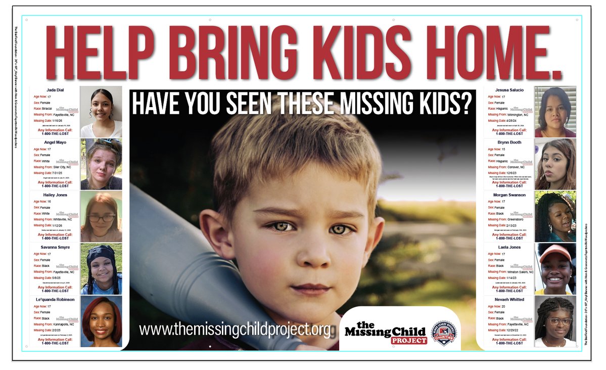 BairFind's tweet photo. The @WoodpeckersNC are awesome partners! They post their sign in #segrastadium located in the heart of Fayetteville, NC. ⚾

Recognize any of these kids?  Your glance could help bring a child home, avoid further trouble or even save their life. 
 
#stepuptotheplate #BringThemHome https://t.co/rlxCeuY5YZ