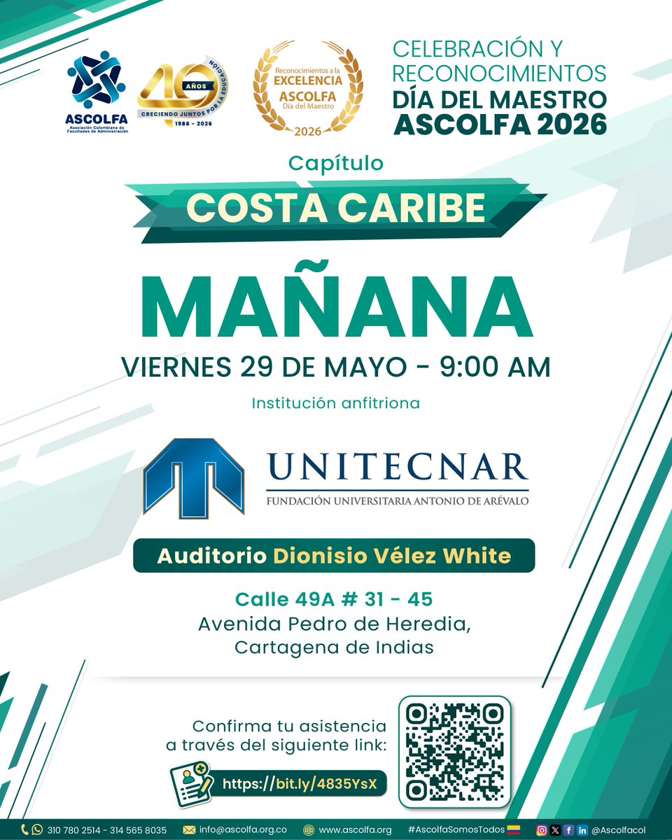 Ascolfacol's tweet photo. 📢 Mañana 29 may - Capítulo Costa Caribe
Celebración Día del Maestro ASCOLFA 2026

🏫 @Unitecnareduco
📌 Lugar: Aud. Dionisio Vélez White
📍 Dirección: Calle 49A # 31 - 45, Cartagena de Indias
⏰ Hora: 9:00 am

🔗 Confirma asistencia: https://t.co/g6eb3dSfig

#AscolfaSomosTodos🇨🇴 https://t.co/gYDp3MjBQJ