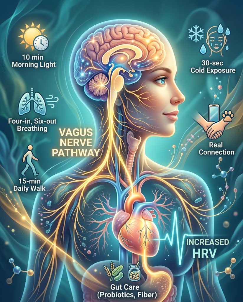 SterlingCooley's tweet photo. Depression is increasingly understood not merely as a chemical imbalance of serotonin, but as a systemic failure of the autonomic nervous system and the "cholinergic anti-inflammatory pathway."

The vagus nerve serves as the body’s primary regulator of inflammation. In a state of low vagal tone—measured clinically by low Heart Rate Variability (HRV)—the body enters a "shutdown" mode. This neuroinflammatory state interprets social interaction and movement as physiologically expensive, explaining why traditional advice to "just exercise" often fails.

Clinical evidence for this pathway is robust. In 2005, the FDA approved Vagus Nerve Stimulation (VNS) for treatment-resistant depression. By delivering electrical pulses to the vagus nerve, these devices can achieve remission in patients who have failed multiple pharmacological interventions, proving that modulating autonomic state directly impacts mood.

You can engage this same pathway through targeted physiological inputs. Morning light exposure stabilizes the vagal rhythm, while "resonance breathing" (five-second inhales and exhales) provides a direct mechanical signal to the brainstem to downregulate inflammation.

Brief cold exposure—30 seconds at the end of a shower—triggers a vagal rebound that can induce a mild, immediate antidepressant effect. These practices are not "wellness trends"; they are biological interventions that complement medical care by lowering the physiological threshold for recovery.

https://t.co/rleYVfL13a