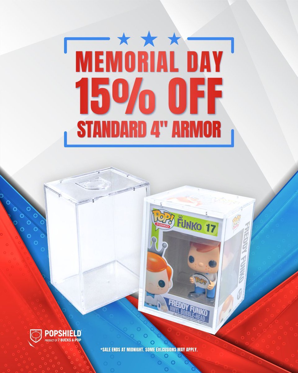 7BucksAPop's tweet photo. π‘οΈ MEMORIAL DAY DEAL π‘οΈ
15% OFF 4" PopShield Armor TODAY ONLY π₯
Sale ends at midnight - shop now!
#PopShield #PopShieldArmor #ArmorWorthy #FunkoProtectors #MemorialDay #Sale https://t.co/Tx6yhZFeds