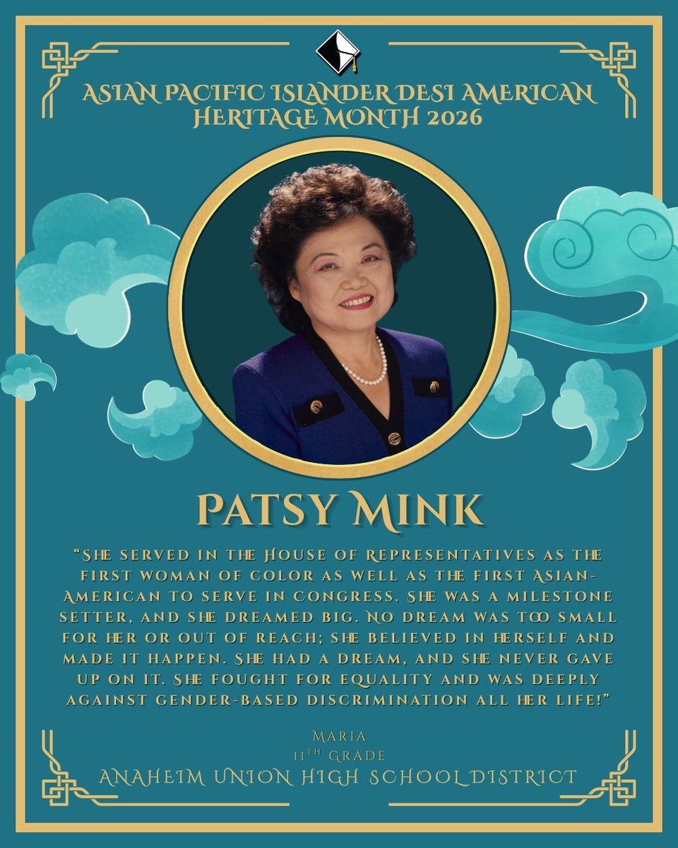 AnaheimUHSD's tweet photo. During #APIDAHeritageMonth, we celebrate the accomplishments of Asian-, Pacific Islander-, and Desi-Americans throughout U.S. history.
Today, we celebrate Patsy Mink, an American attorney and politician. https://t.co/pEMMUVw0Ys