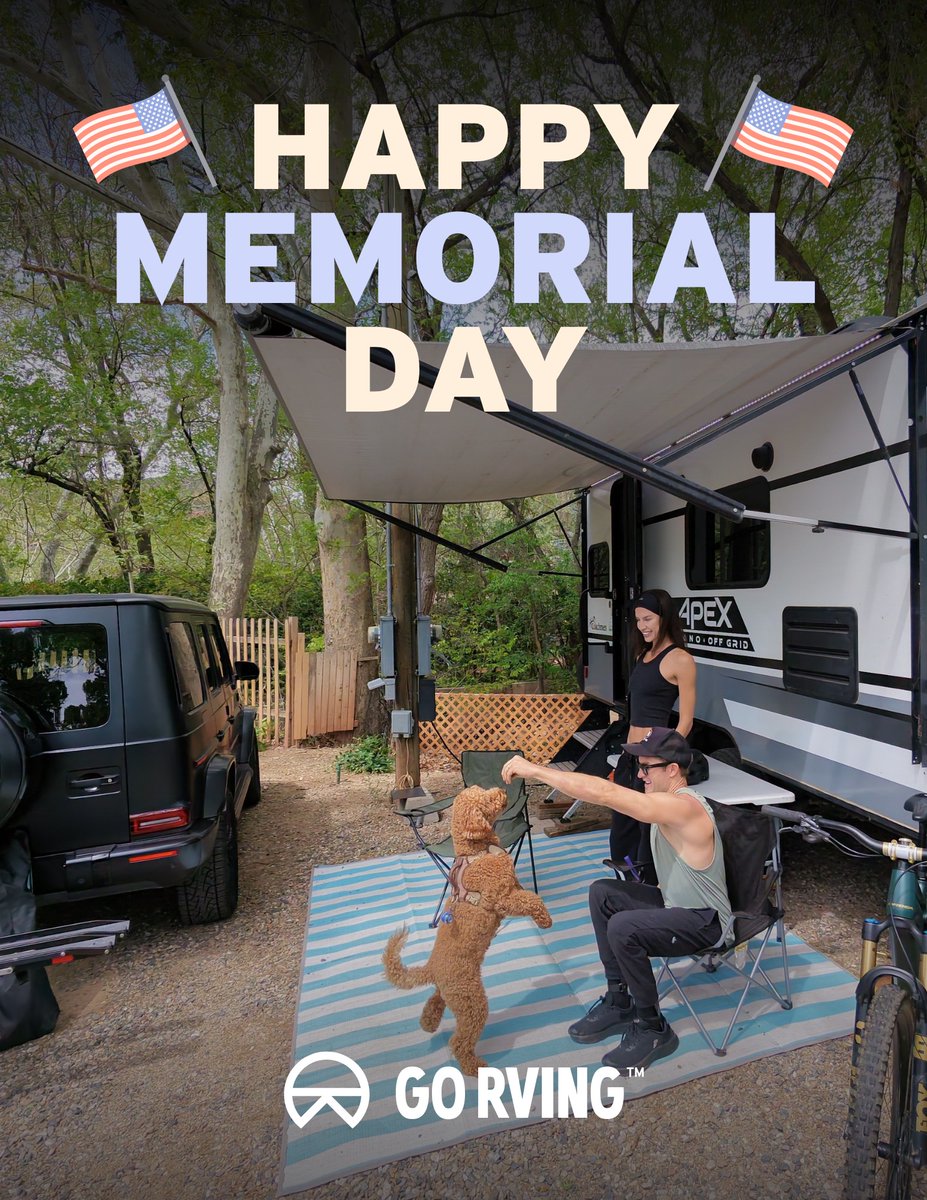GoRVing's tweet photo. Honoring those who served and celebrating the start of summer adventures. 🇺🇸 Happy Memorial Day from Go RVing! Where are you exploring this weekend? Share your RV moments below and let’s kick off the season together! 🚐
#MemorialDay #GoRVing #RVLife https://t.co/DVP3z3xkTu