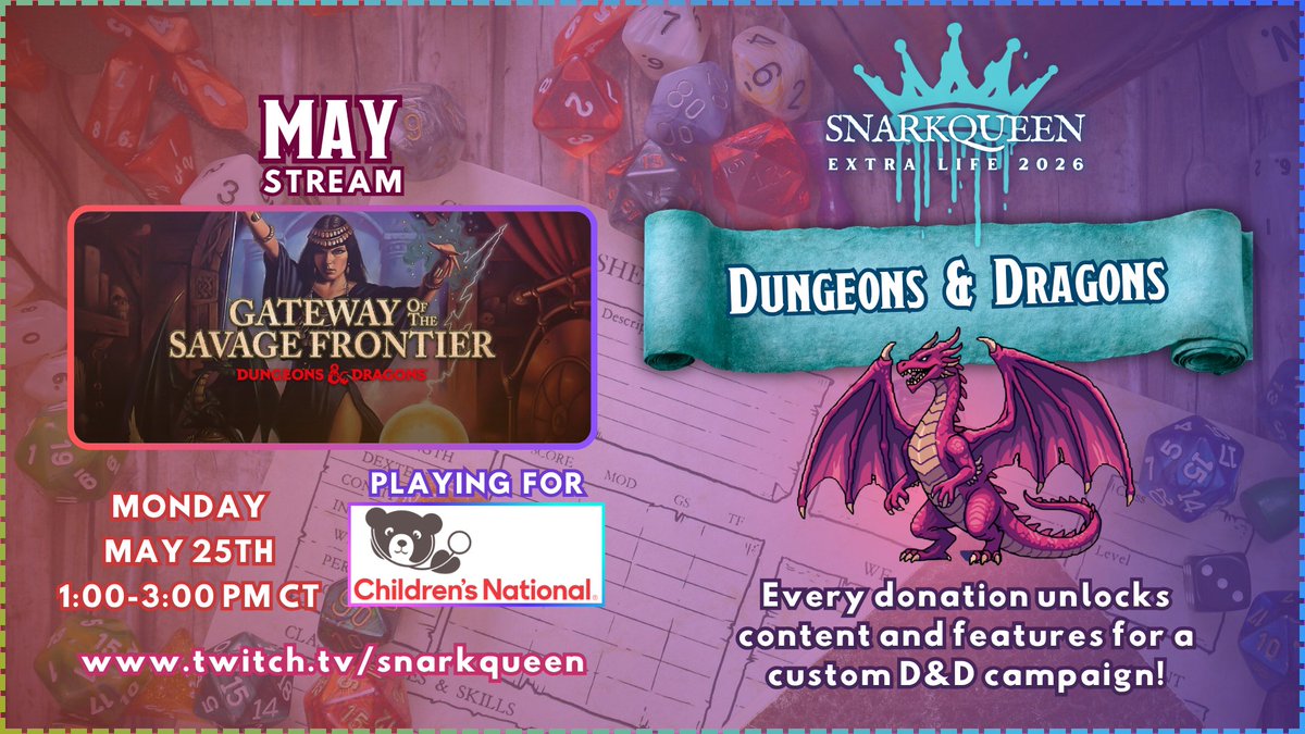 SpottedSnark's tweet photo. Today is my next #ExtraLife stream: Gateway to the Savage Frontier! 2026's theme is D&amp;D PC games! 
D20 Bonus: Any time I hit 20 viewers I'll raffle off a dice set! 
Join me @ 1PM Central and we can chat all about our ill-fated or epic D&amp;D adventures!
https://t.co/KxVuMCn2uK https://t.co/EsxwQH1jqF