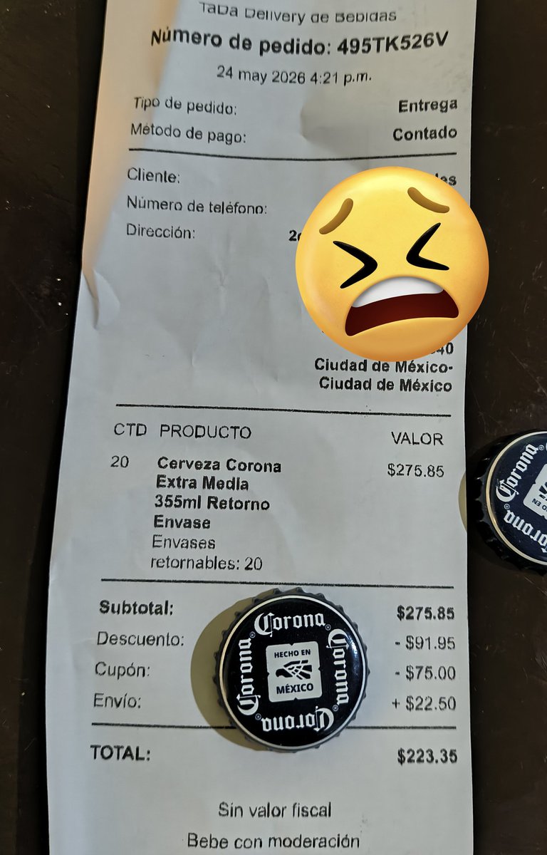 esecharles's tweet photo. @TaDaDeliveryMX Ayer hice una compra (20 Corona extra 350 ml) y NO me enviaron producto con la corcholata de LA PROMO EXTRA  MUNDIAL". 😭 
Me enviaron producto con la corcholata vieja 😭 https://t.co/XRgnrnoq08