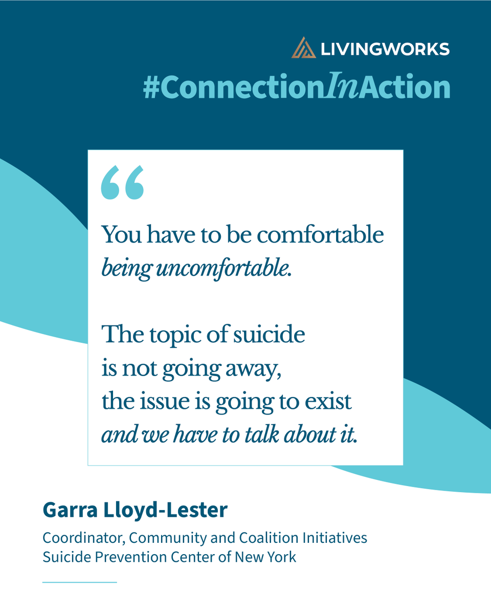 Living_Works's tweet photo. “You have to be comfortable being uncomfortable. The topic of suicide is not going away, the issue is going to exist and we have to talk about it.” - Garra Lloyd-Lester

Join this #ConnectionInAction on June 3 | 3:30 p.m. MST | 5:30 p.m. EST

🎥 #LivingWorks Facebook + LinkedIn https://t.co/kqU31Jy0jW