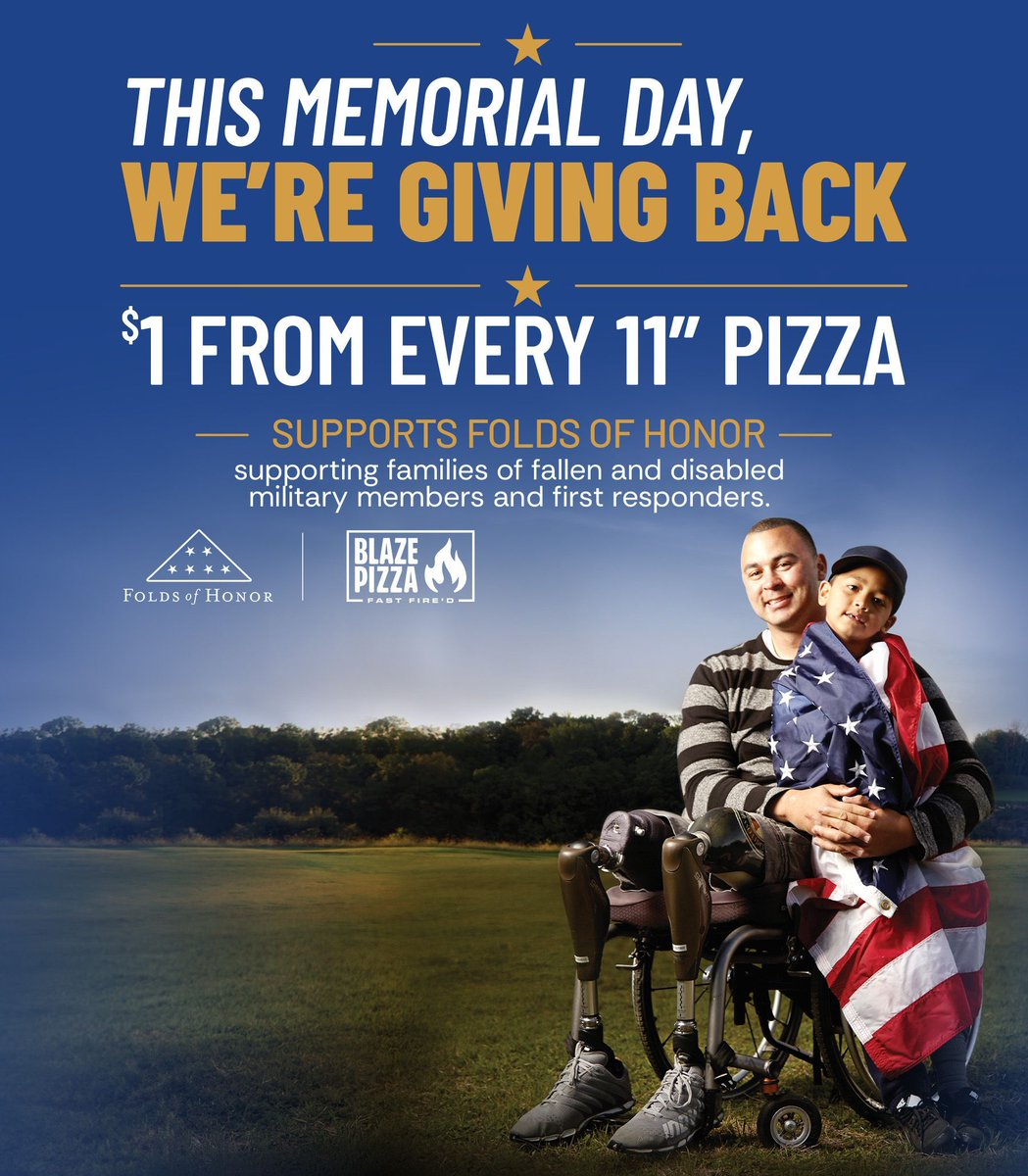 BlazePizza's tweet photo. This Memorial Day, every 11" pizza you buy means $1 to @foldsofhonor . Order with us. #MemorialDay #FoldsOfHonor 🍕❤️ https://t.co/gku3UOpJXH