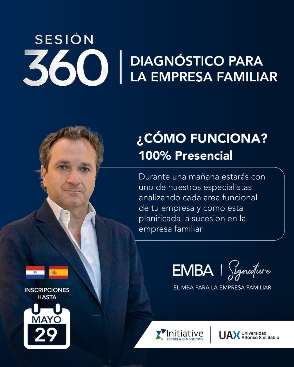 initiativepy's tweet photo. ¿Tu empresa familiar está preparada para crecer y trascender generaciones?

La Sesión 360° del EMBA Signature es un diagnóstico estratégico junto a especialistas internacionales

🌍 100% presencial. Enfoque práctico y personalizado.
📲 Inscripciones abiertas hasta el 29 de mayo. https://t.co/wfhShmVABA