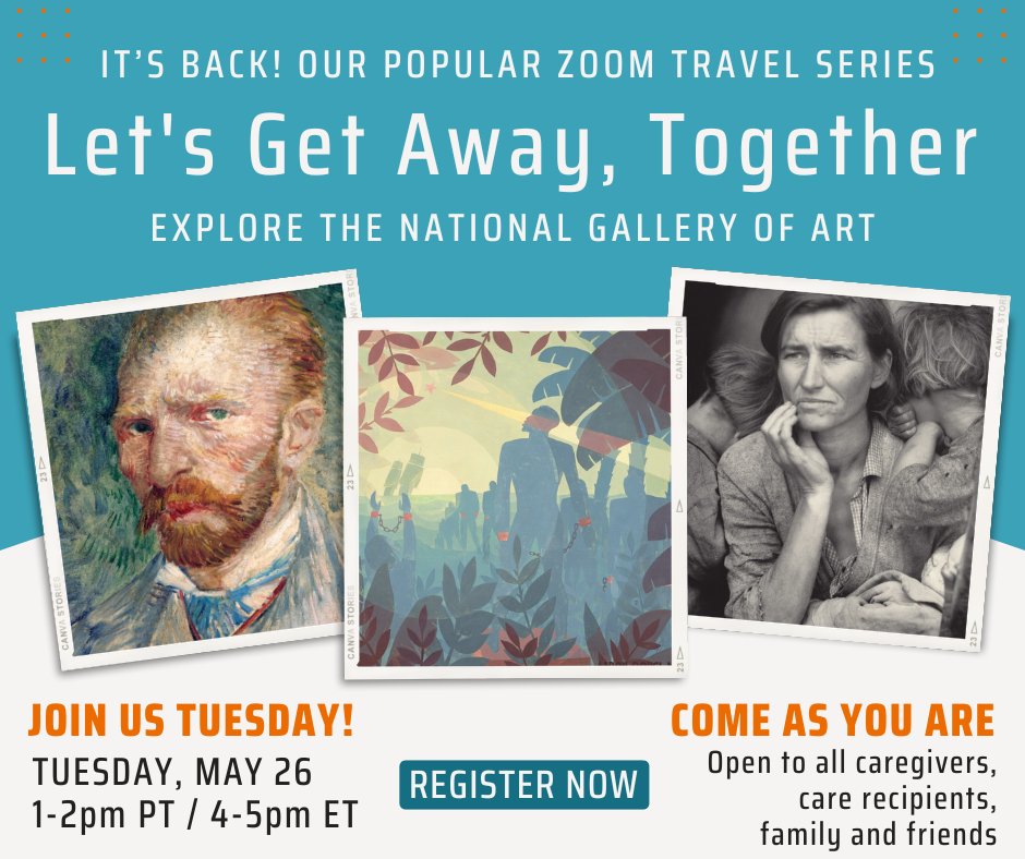 CaregiverAlly's tweet photo. It's back! Family caregivers, join us every Tuesday for a fun, no-pressure hour with fellow caregivers, learning about this beautiful world we live in. This week, discover the works housed in the National Gallery of Art in Washington, D.C. Register here: https://t.co/jHwXeQ0uZj https://t.co/HAcW3LfJxd