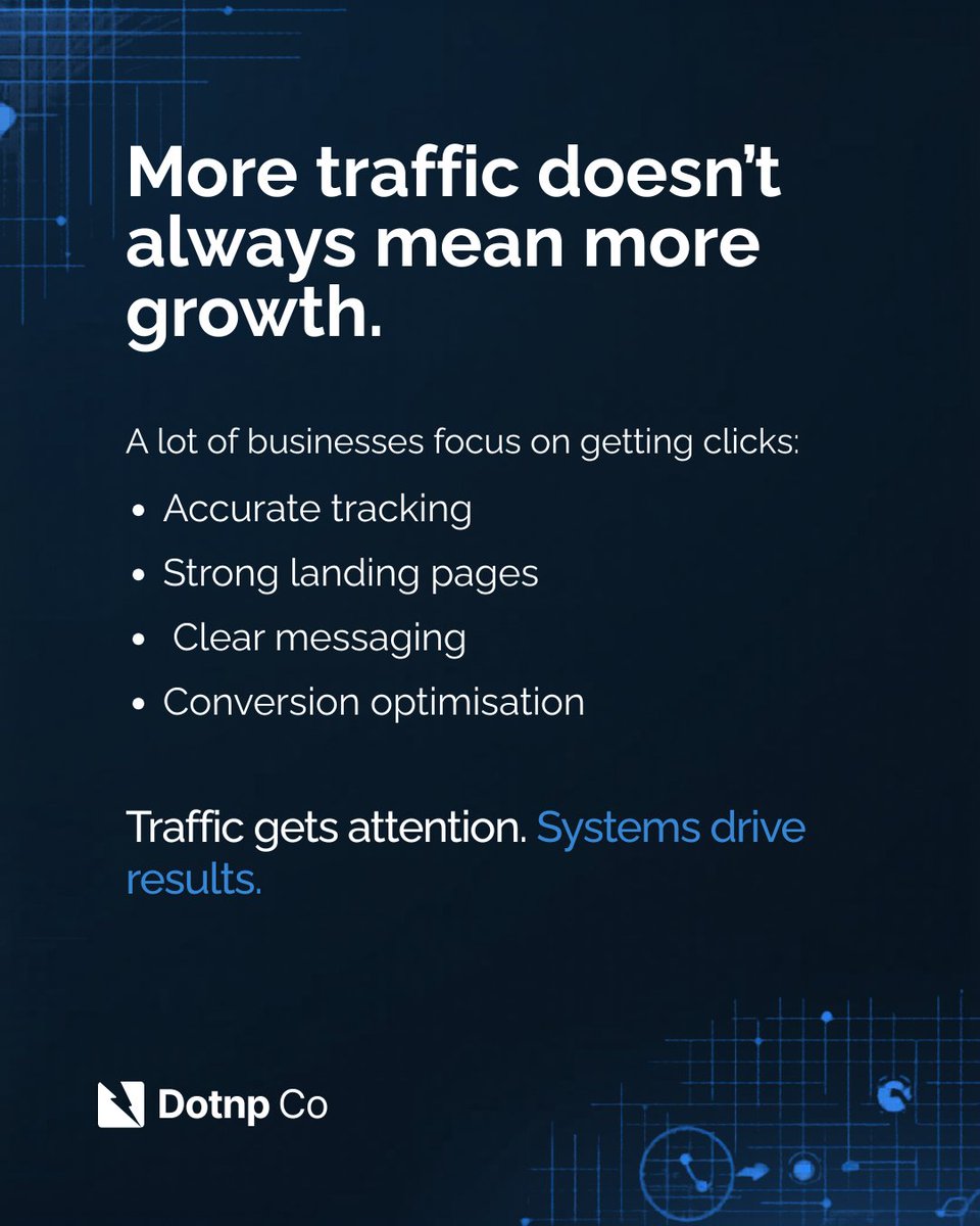 dotnpco's tweet photo. Getting clicks is only one part of the equation.
What happens after the click is what drives real business outcomes.

Traffic gets attention. Systems drive results.
#DigitalMarketing #GrowthMarketing #PerformanceMarketing #MarketingStrategy #Marketing #GrowthSystems #DotnpCo https://t.co/5PHcV948Fr
