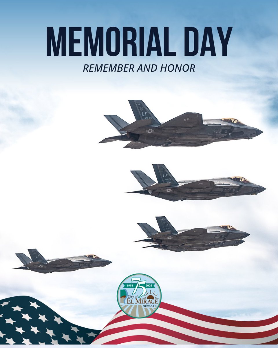 ElMirageArizona's tweet photo. The sound of freedom from the jets over Luke Air Force Base is part of daily life here in El Mirage. Today, we pause to remember that our freedoms exist because brave heroes gave everything to protect them. 

Thank you.
 
PHOTO BY: Senior Airman Belinda Guachun-Chichay https://t.co/UEPNqN2l8W
