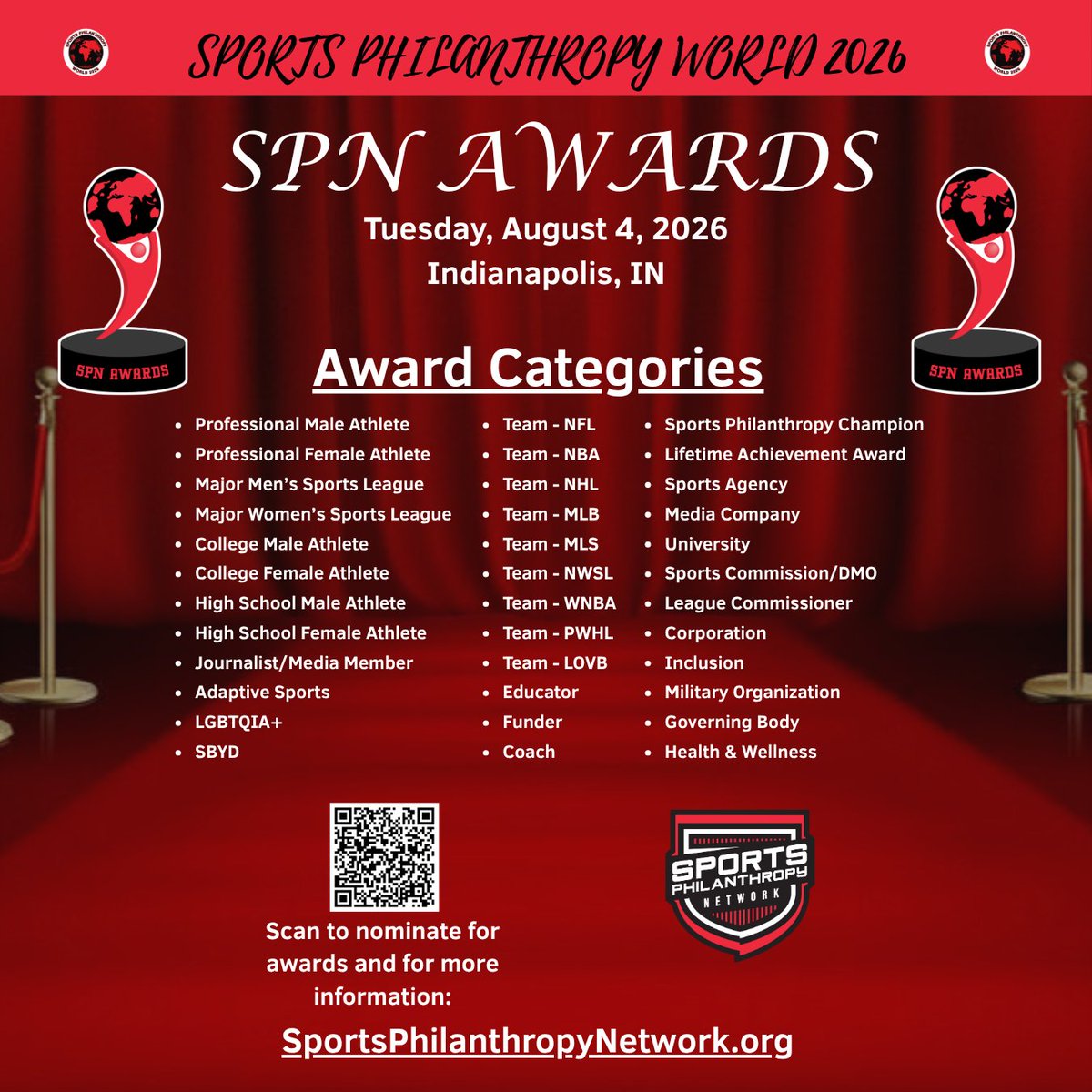 SportsPhilanNet's tweet photo. Sports Philanthropy Network Awards are being presented this year at the Sports Philanthropy World Conference!

Who do you know that should be nominated in one of these categories?

https://t.co/Zk8CWxmv8V

#SportsPhilanthropyNetwork
#SportsPhilanthropyWorld
#SportsPhilanthropy
#Sports
#Philanthropy
#Athletes
#Foundations
#Awards
#Nonprofits
#Leaders
#Community
#Impact